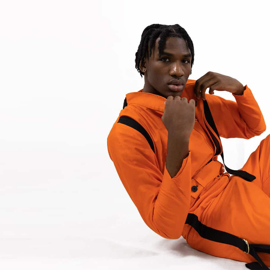 ZERØ London - zero waste mens jumpsuit in orange with black contrast stripe