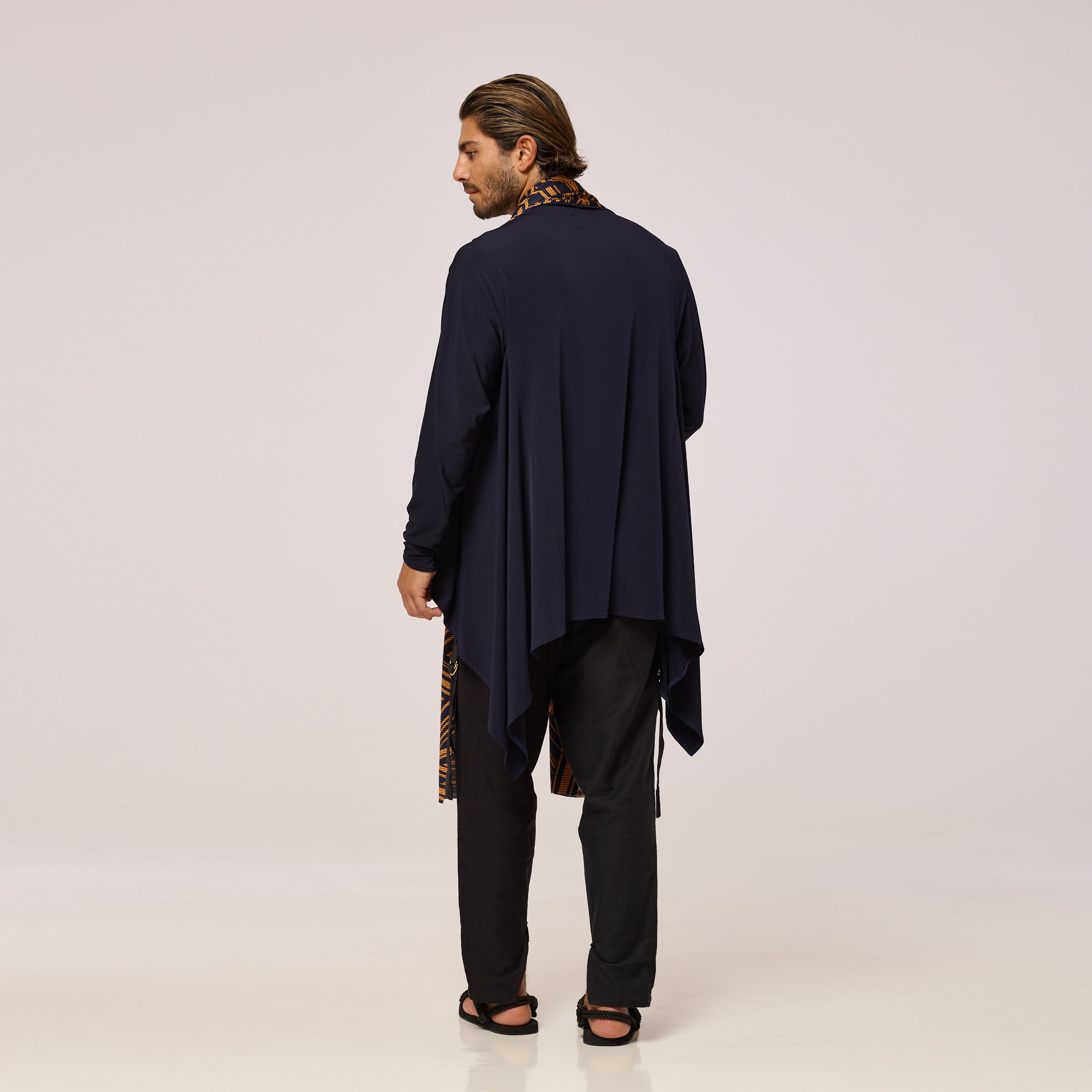 ZERØ London - Back view, mens zero waste long sleeve jersey cardigan in navy with gold geometric print designed & made in London