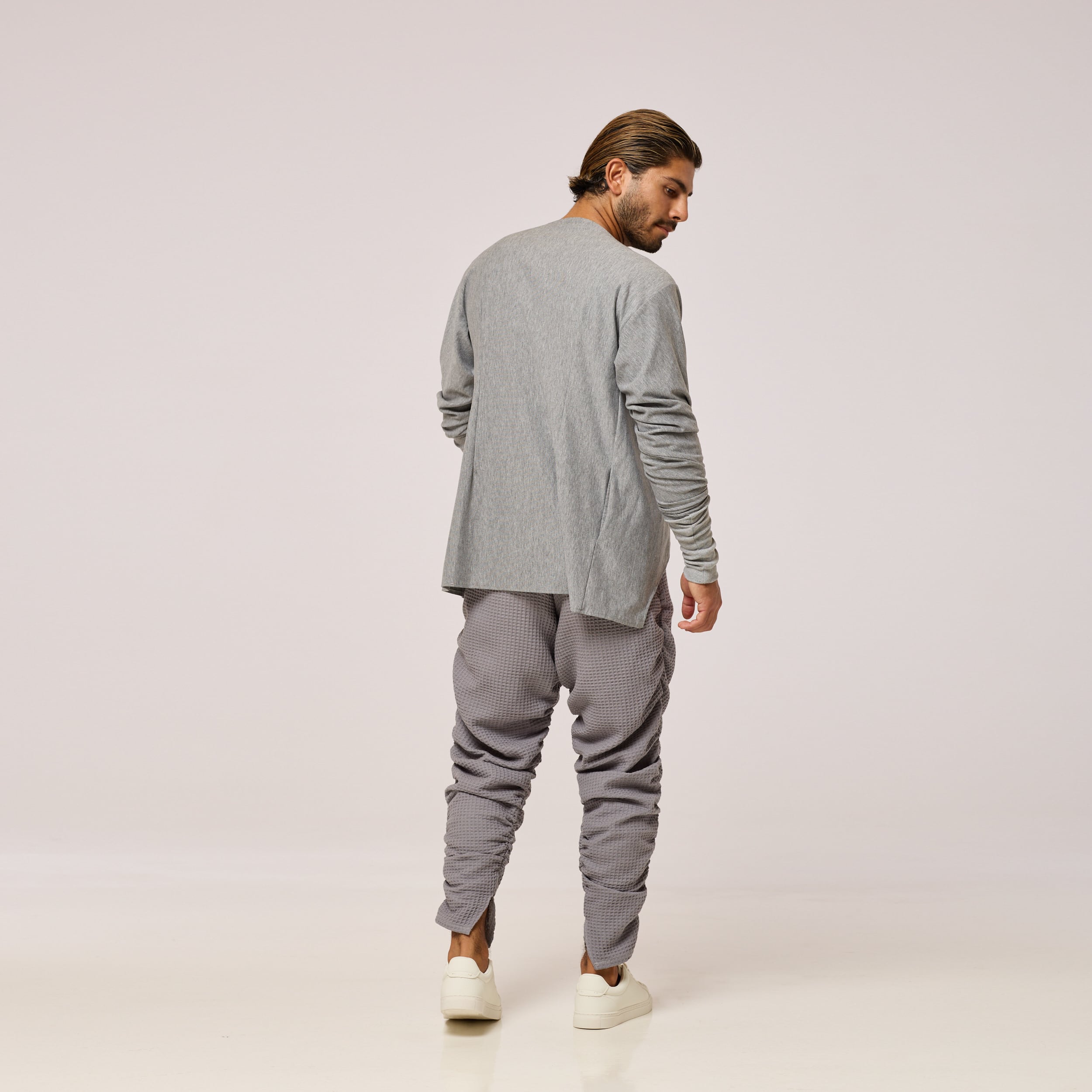 ZERØ London - Back view, full length view mens zero waste grey jacket, designed & made in London