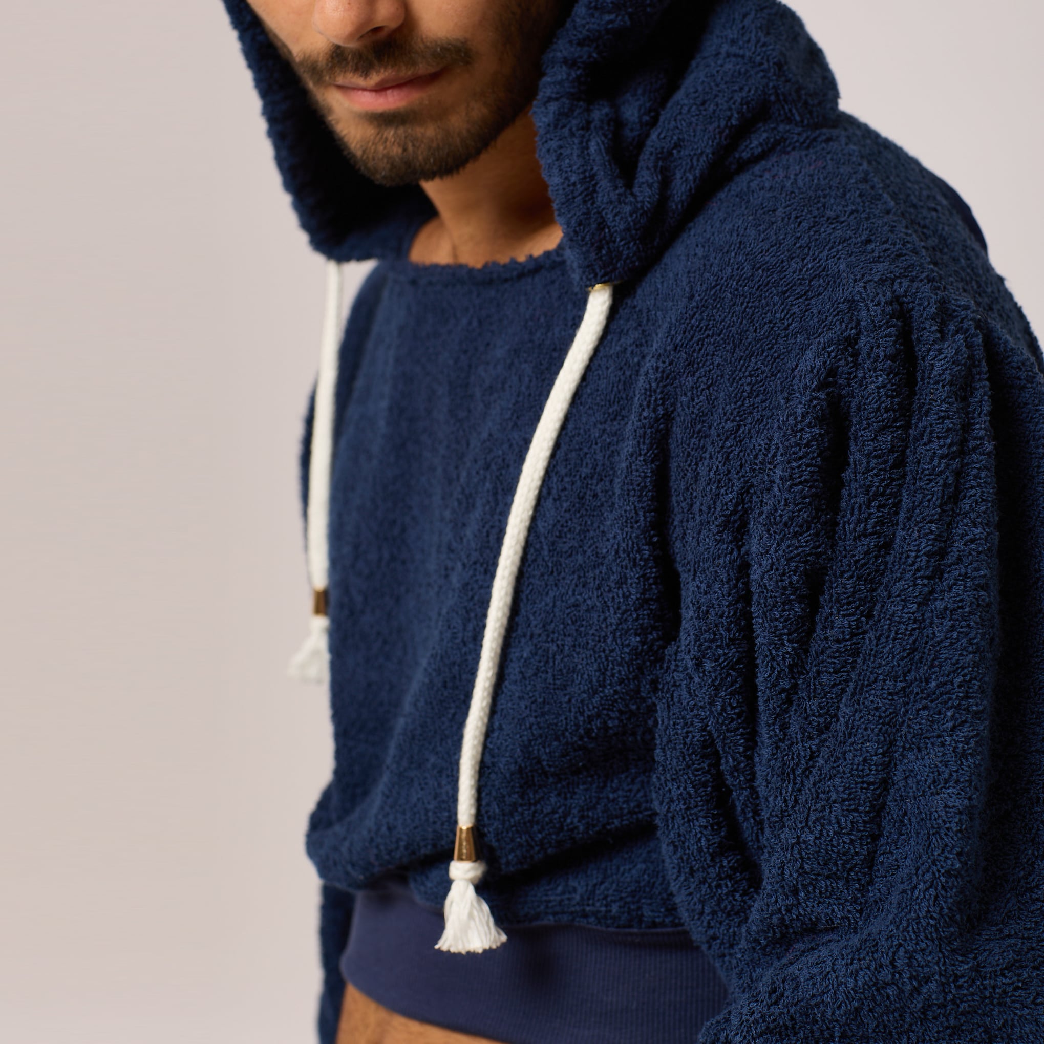ZERØ London - Close up view, mens zero waste navy cropped hoodie designed & made in London
