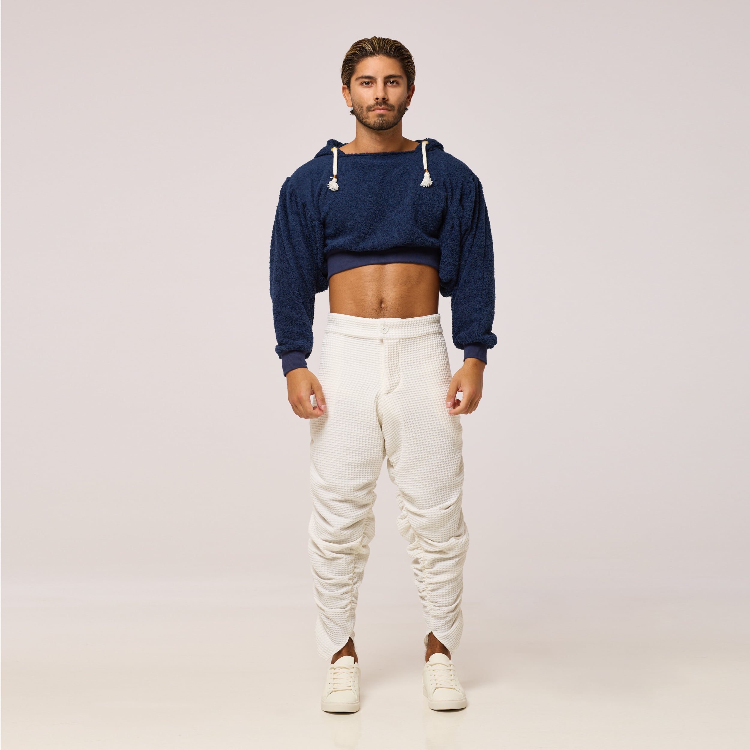 ZERØ London - Front view, mens zero waste navy cropped hoodie designed & made in London