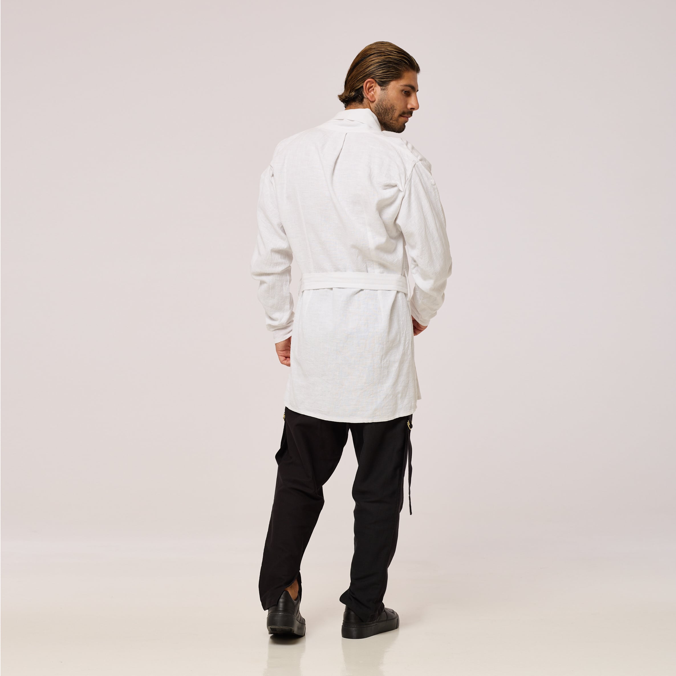 ZERØ London - Back view, full length, mens zero waste white shirt, designed & made in London