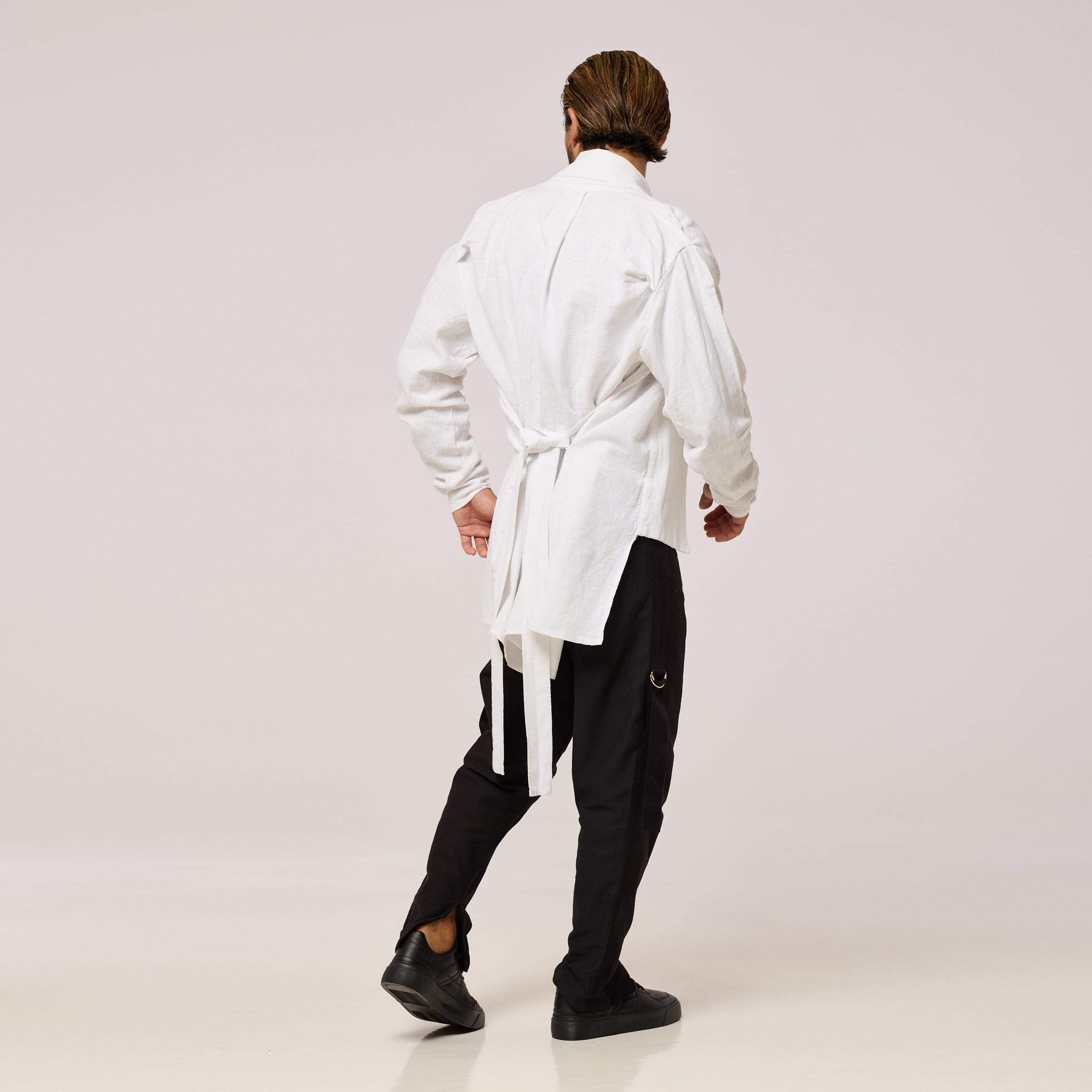 ZERØ London - Back alternate view, full length, mens zero waste white shirt, designed & made in London