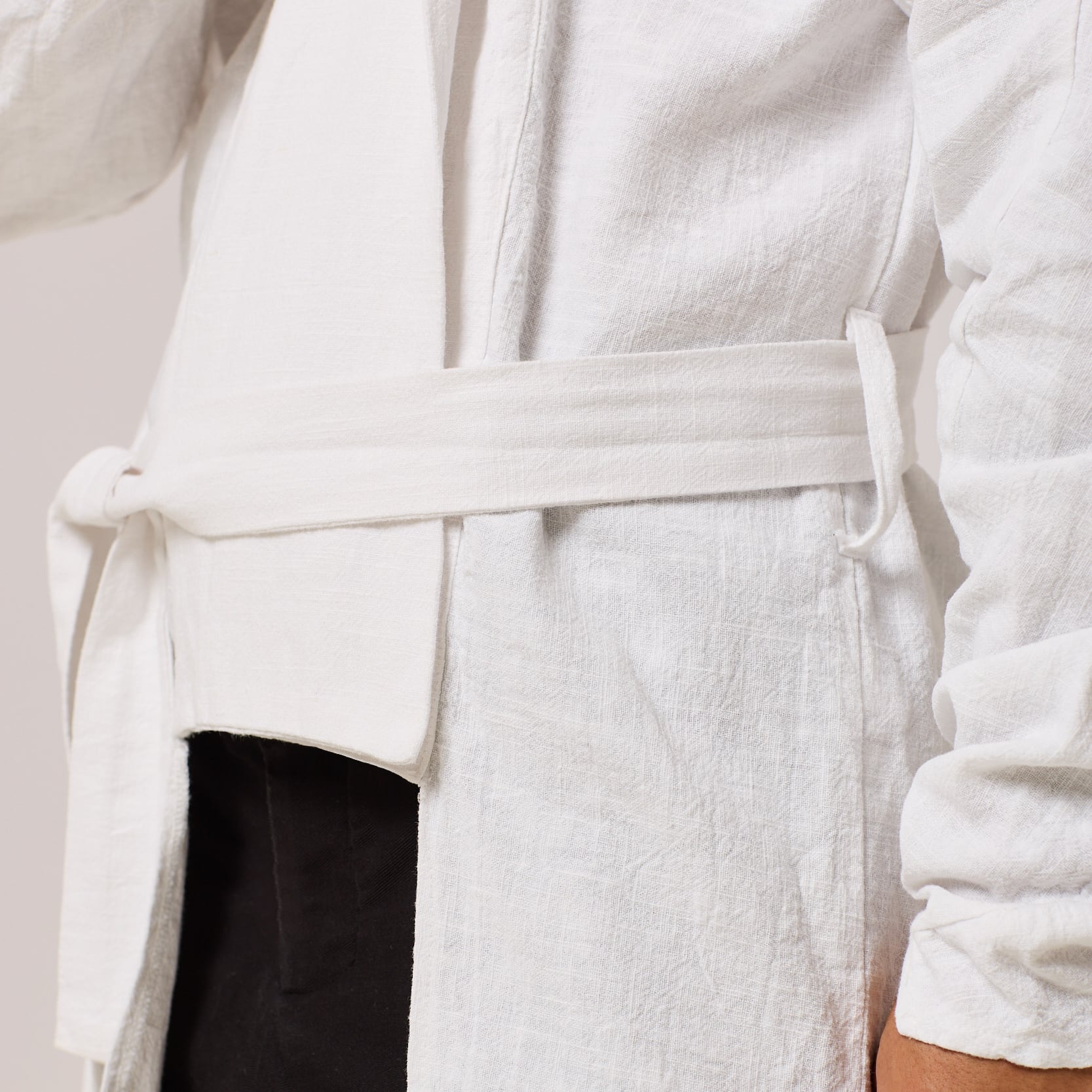 ZERØ London - Close up belt view, mens zero waste white shirt, designed & made in London