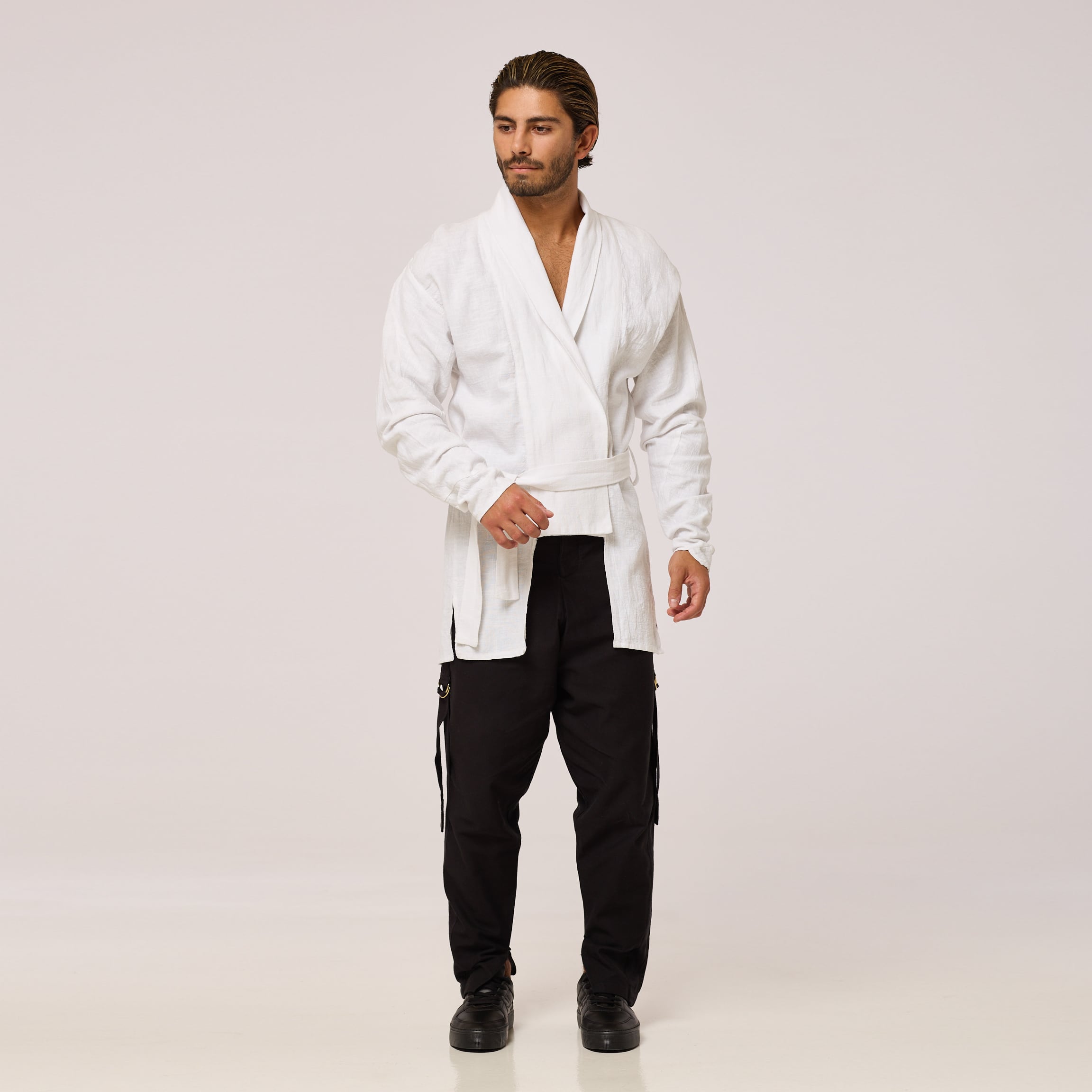 ZERØ London - Front alternate view, full length, mens zero waste white shirt, designed & made in London