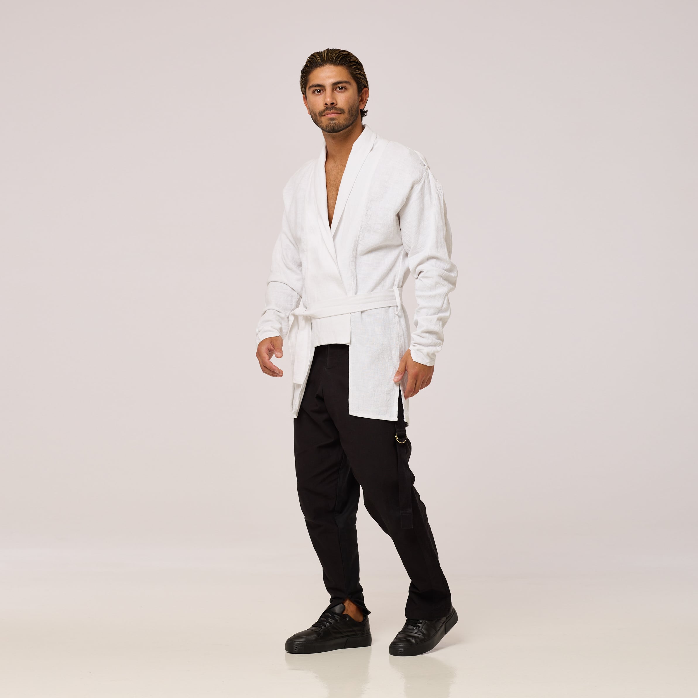 ZERØ London - Front alternate view, full length, mens zero waste white shirt, designed & made in London