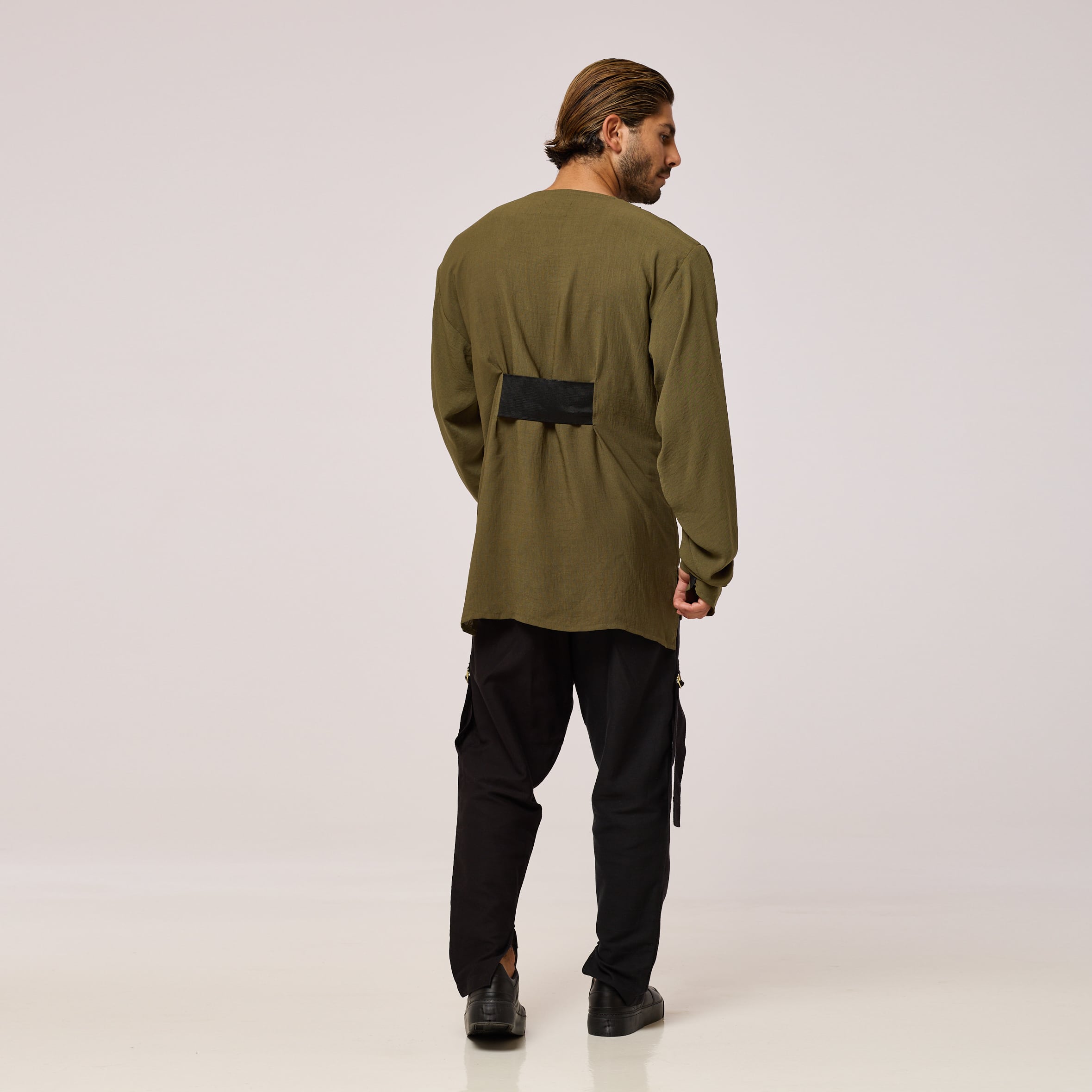   ZERØ London - Back view, olive green long sleeve mens zero waste shirt designed & made in London