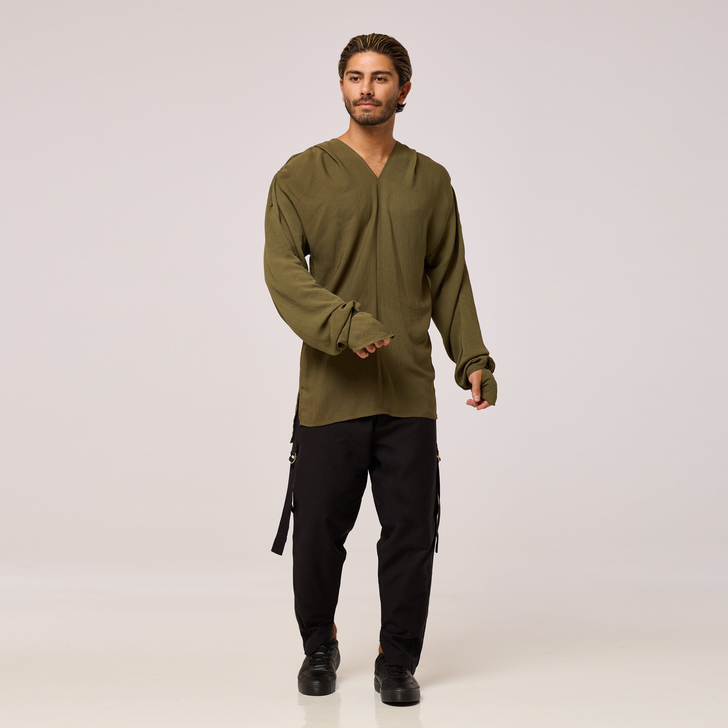   ZERØ London - Front view, olive green long sleeve mens zero waste shirt designed & made in London