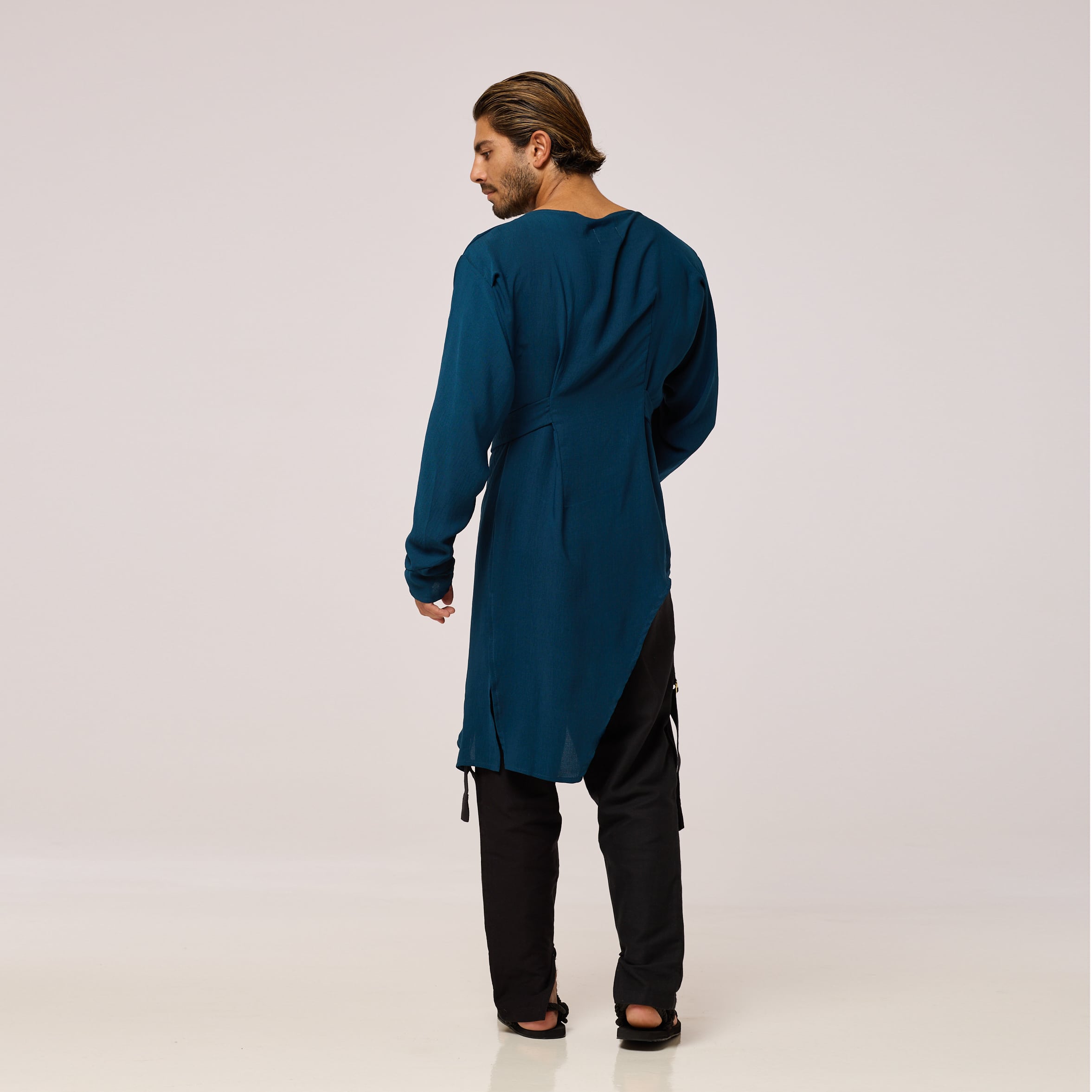 ZERØ London - Back view, mens zero waste long sleeve high/low shirt with bateau neck in teal blue, designed & made in London