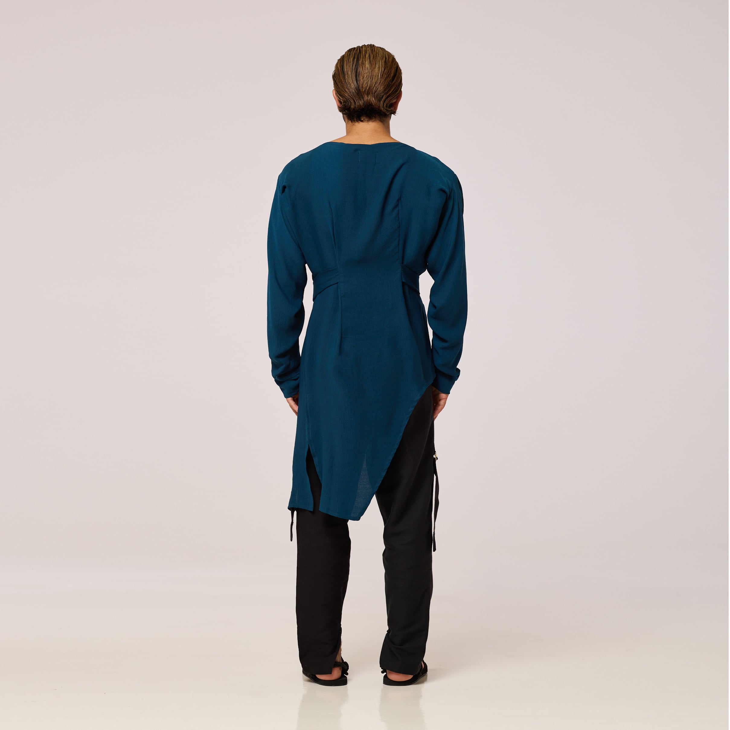 ZERØ London - Back view, mens zero waste long sleeve high/low shirt with bateau neck in teal blue, designed & made in London