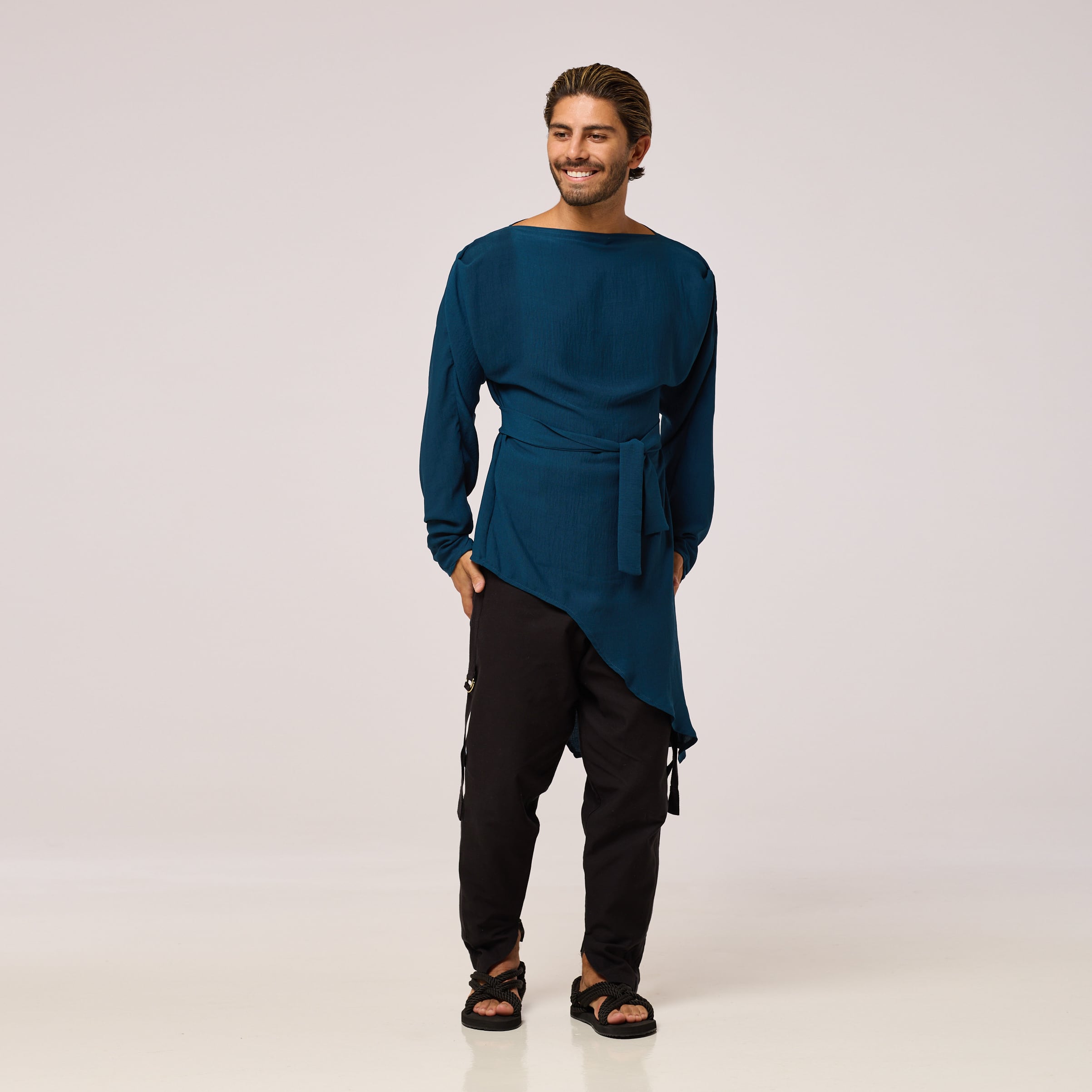 ZERØ London - Front view, mens zero waste long sleeve high/low shirt with bateau neck in teal blue, designed & made in London