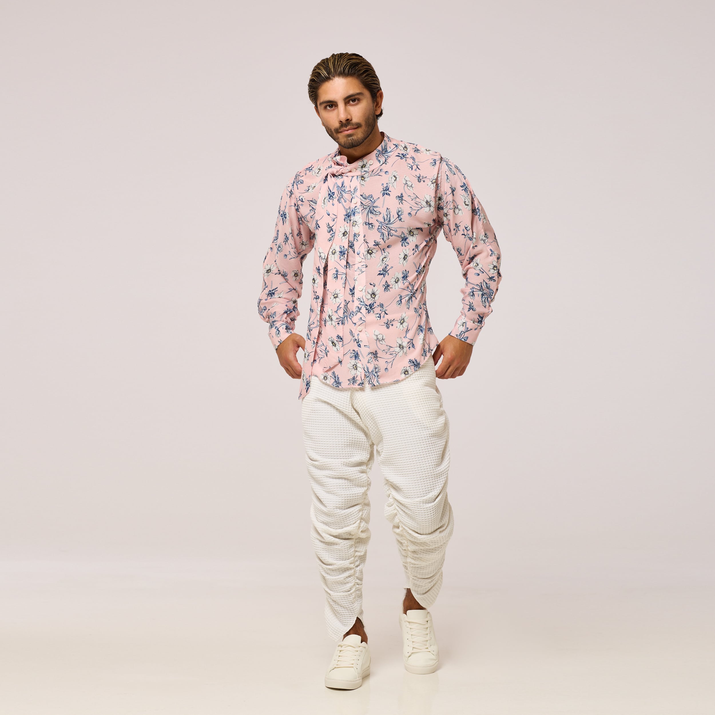 ZERØ London - Front Full Length view, Pink floral long sleeve mens zero waste shirt designed & made in London