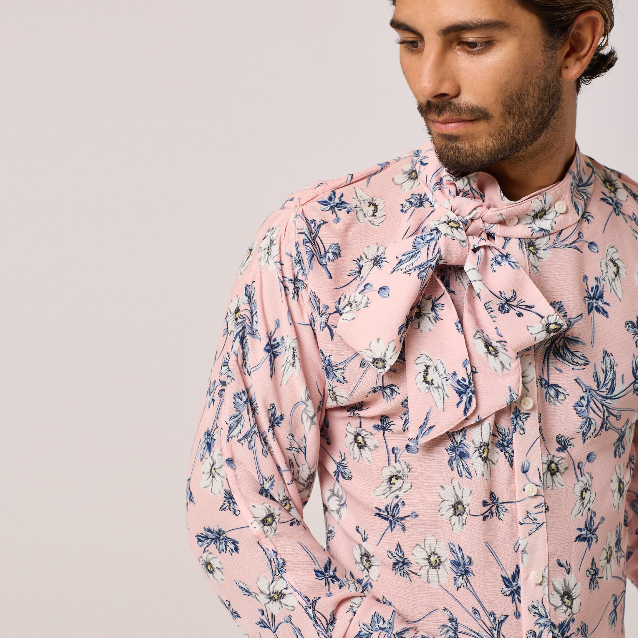 ZERØ London - Front view, Pink floral long sleeve mens zero waste shirt designed & made in London