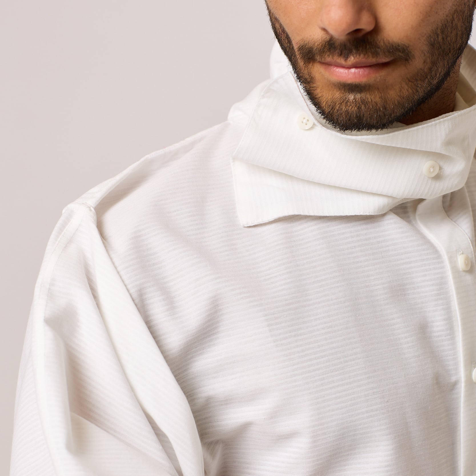 ZERØ London - Close up view, white long sleeve mens zero waste shirt designed & made in London