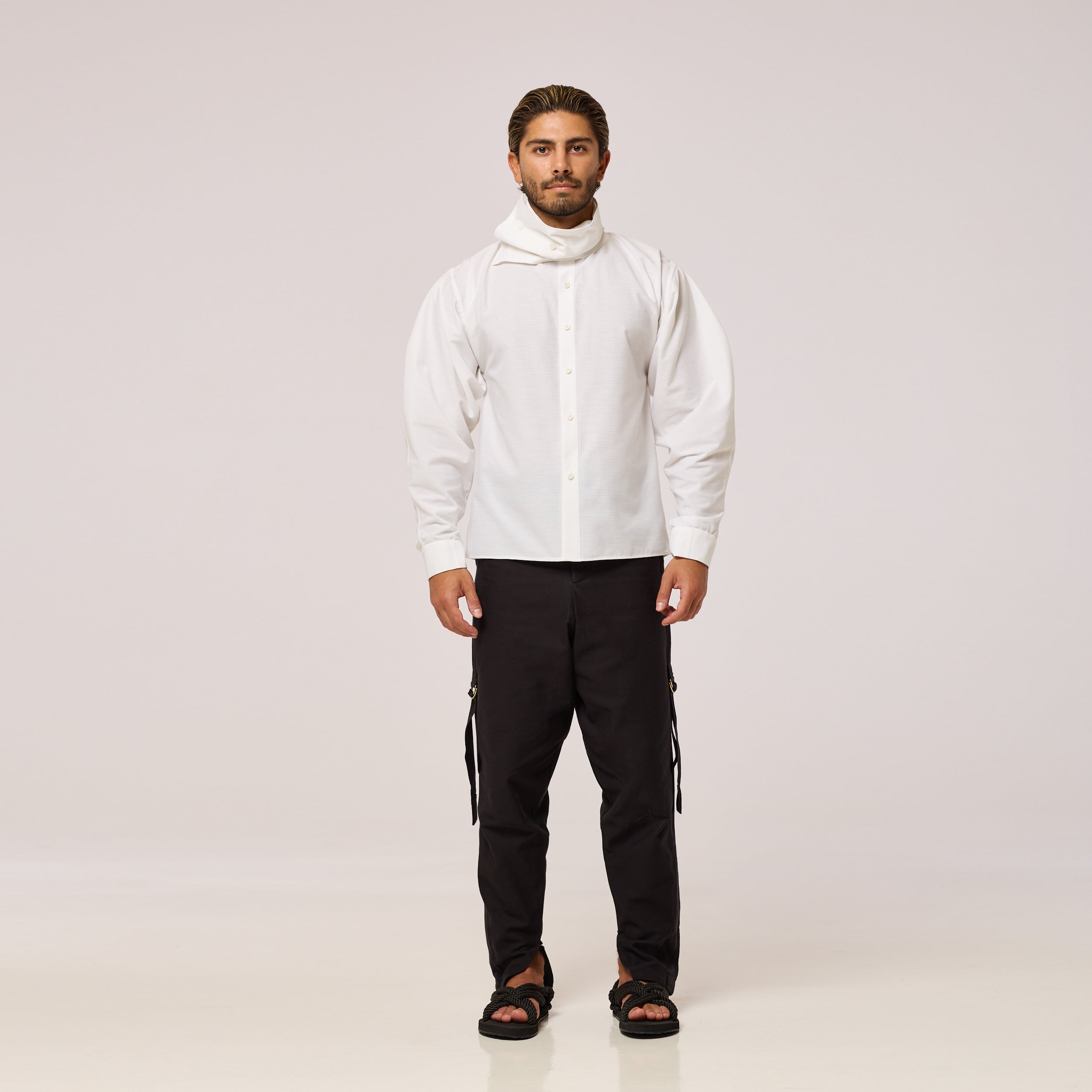 ZERØ London - Front full length view, white long sleeve mens zero waste shirt designed & made in London
