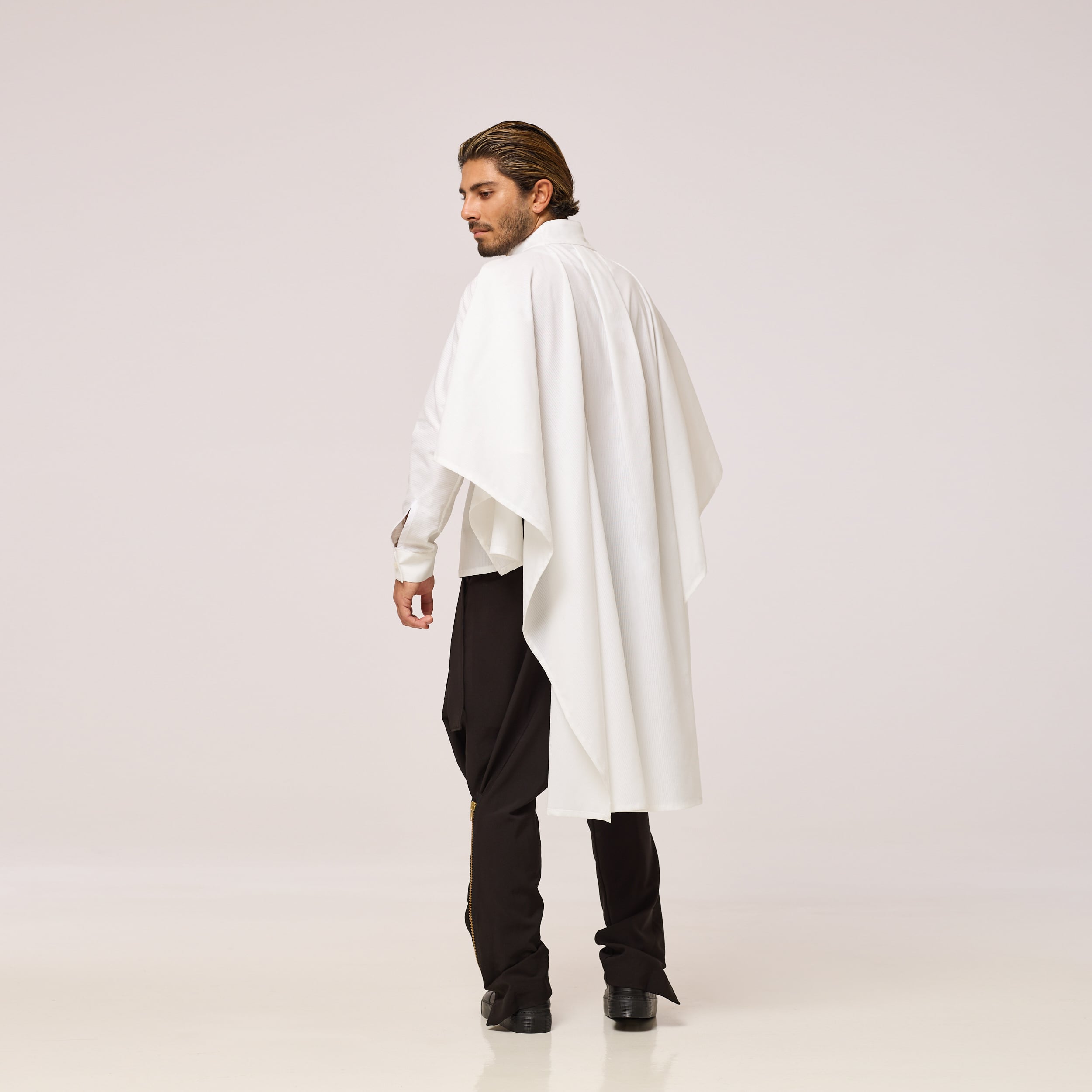 ZERØ London - Back view, mens zero waste shirt in white, designed & made in London