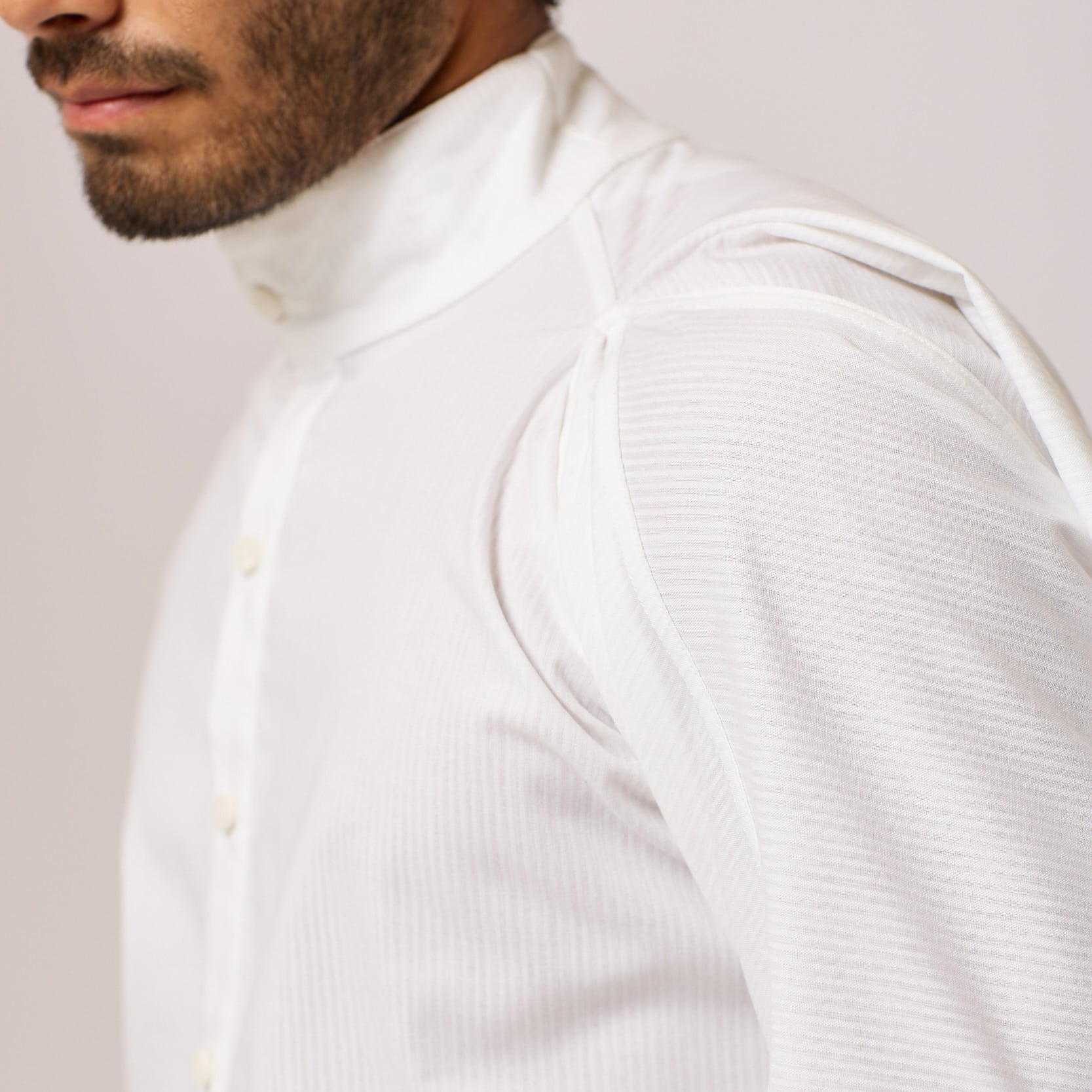 ZERØ London - Close up shoulder view, mens zero waste shirt in white, designed & made in London