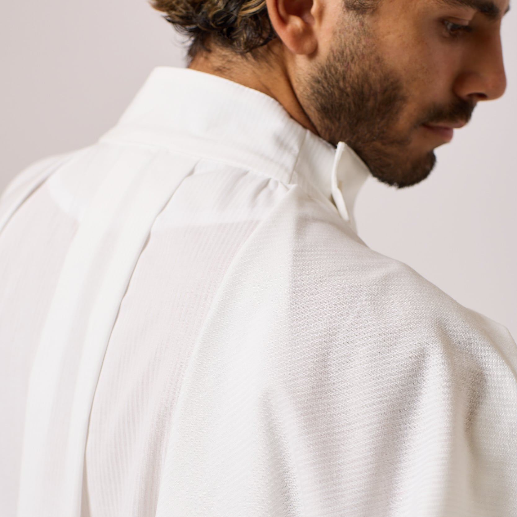 ZERØ London - Close up view, mens zero waste shirt in white, designed & made in London