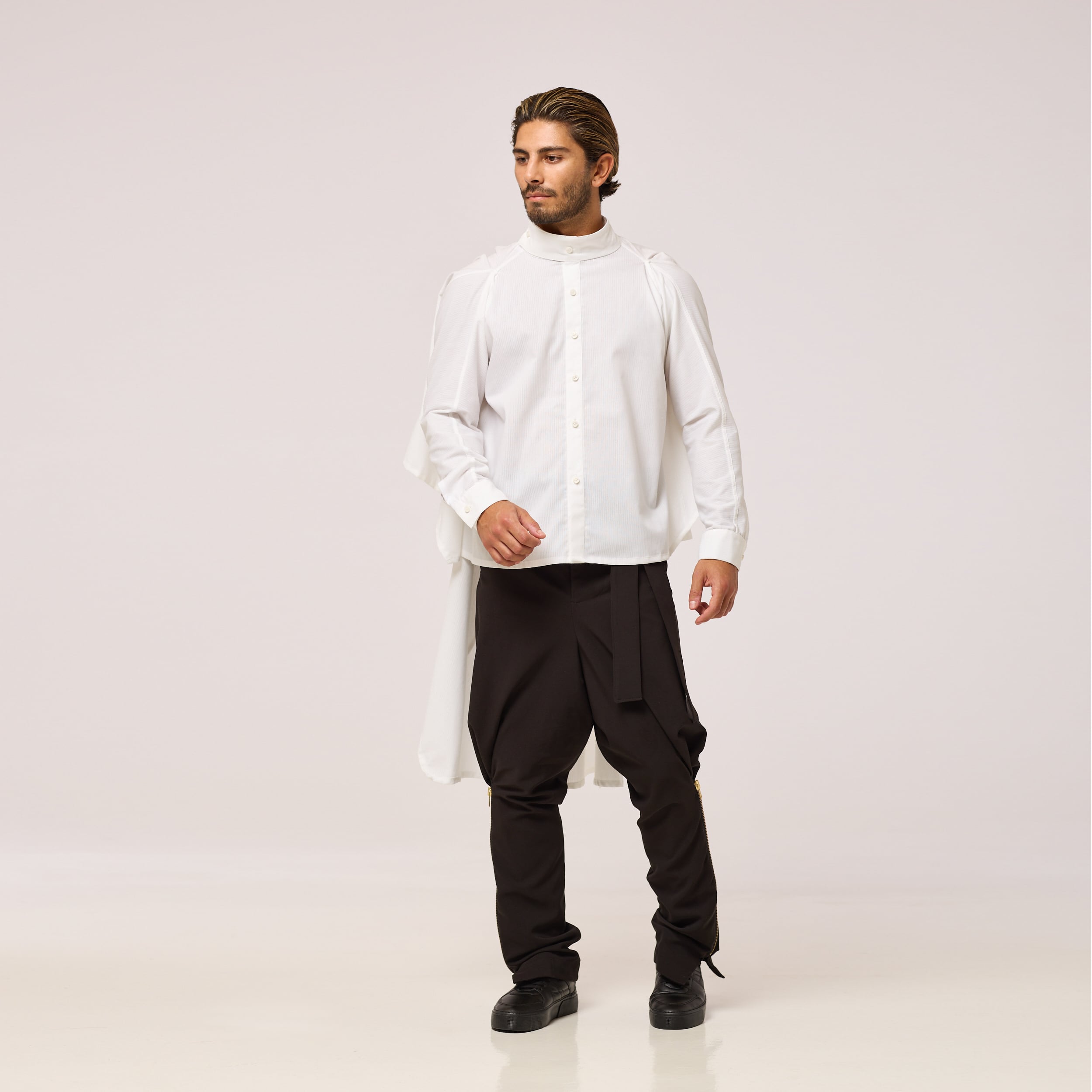 ZERØ London - Front alternate view, mens zero waste shirt in white, designed & made in London