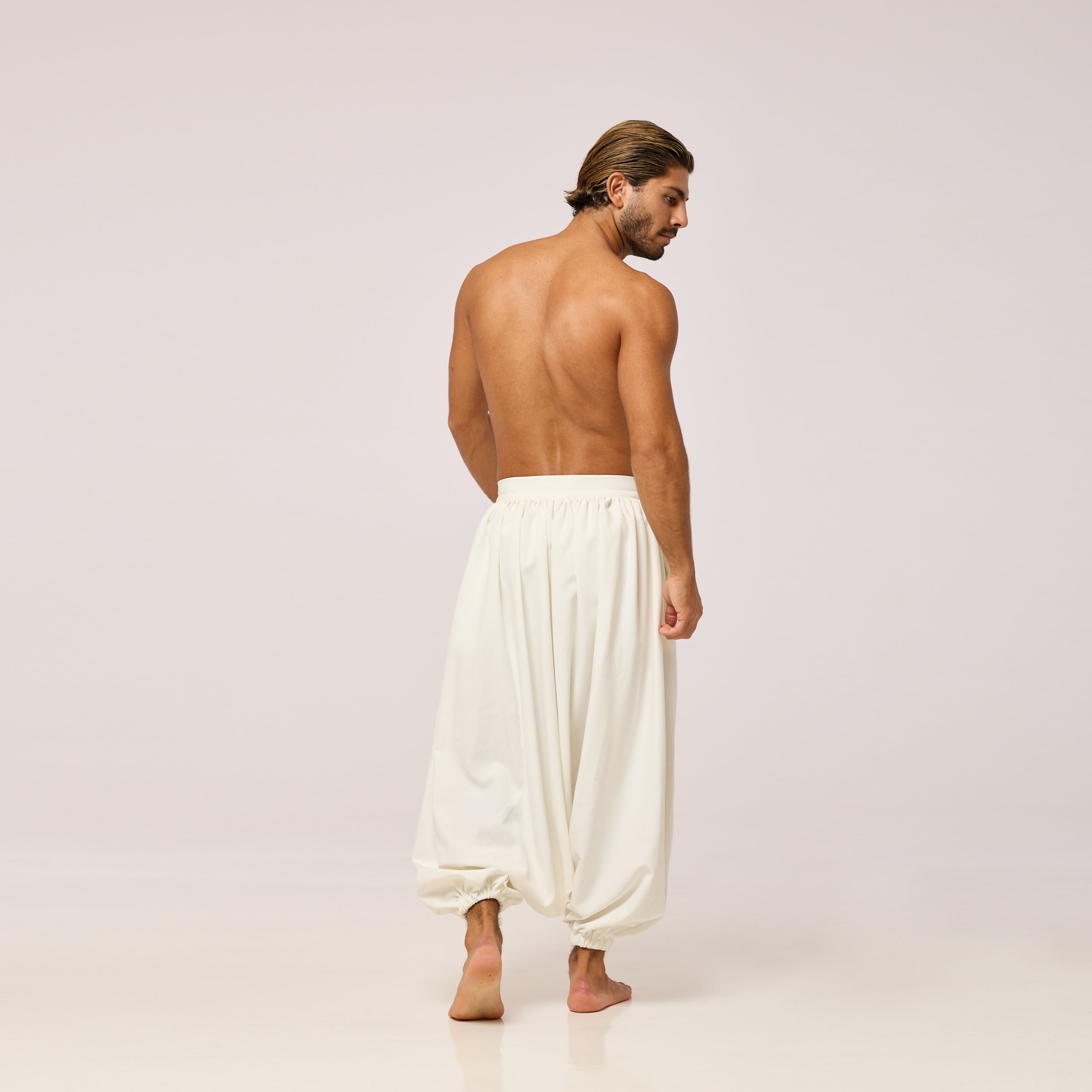 ZERØ London -  Back view, full length, mens zero waste white trouser, designed & made in London