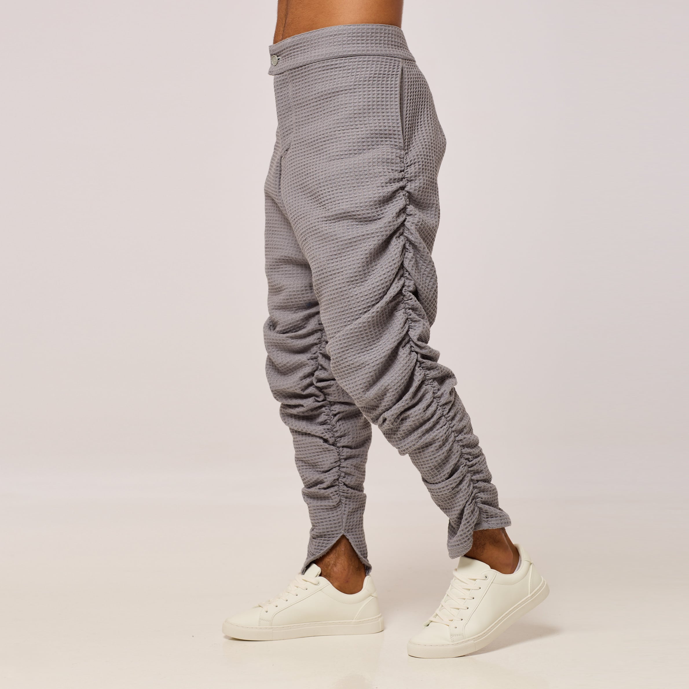 ZERØ London - Side close up view, mens zero waste grey trouser, designed & made in London