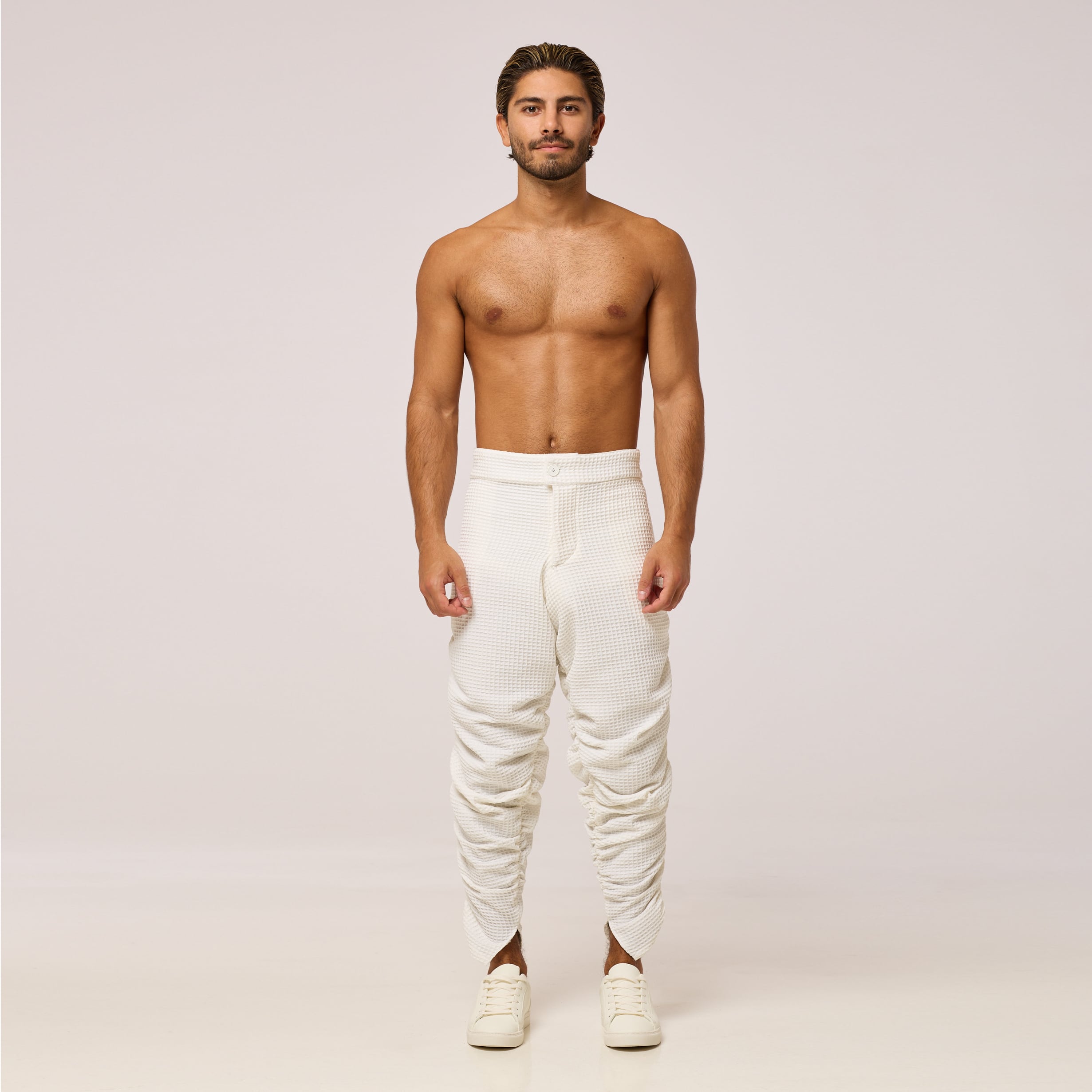 ZERØ London - Front full length view. Mens zero waste tapered trouser with gathers in white. Designed & made in London