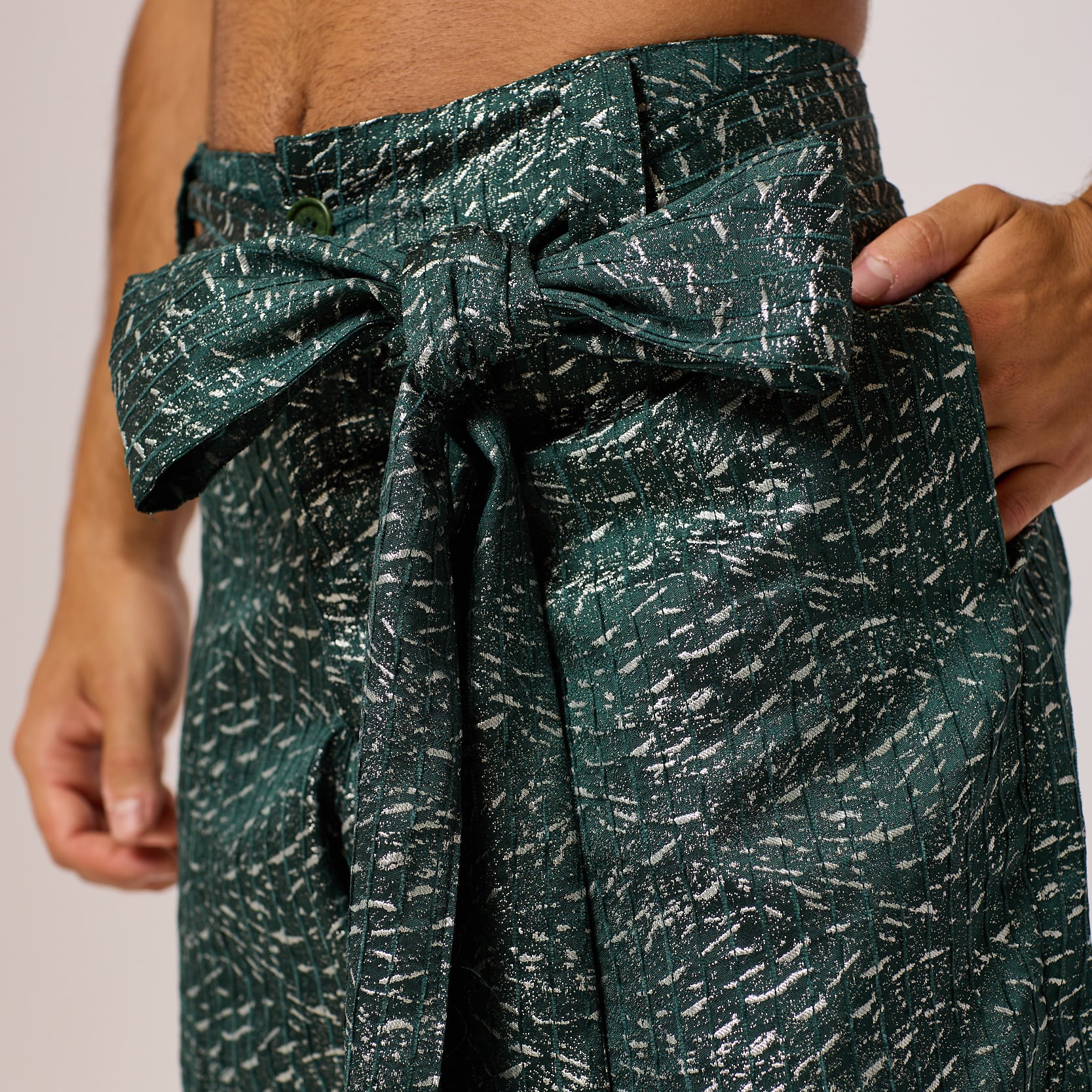 ZERØ London - Close up view, mens zero waste trouser in green, designed & made in London