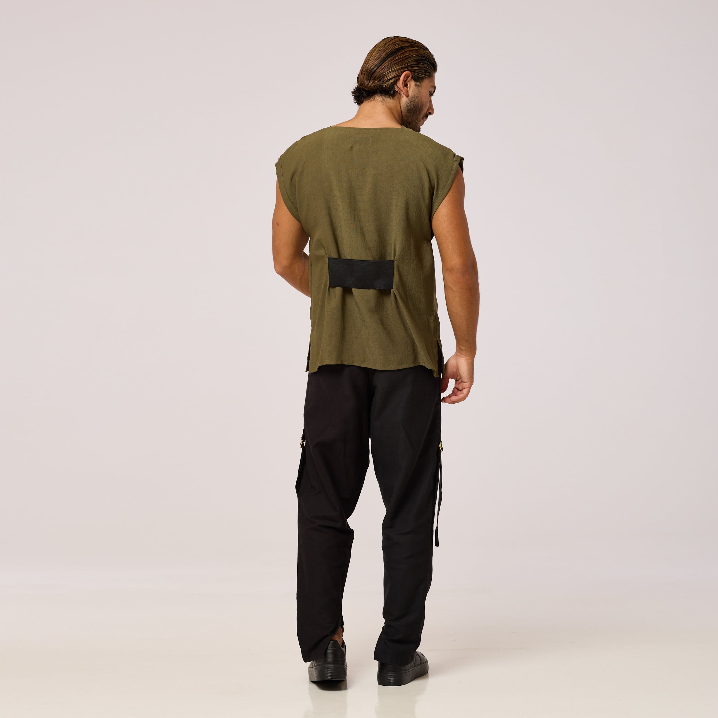   ZERØ London - Back view, olive green mens zero waste vest designed & made in London