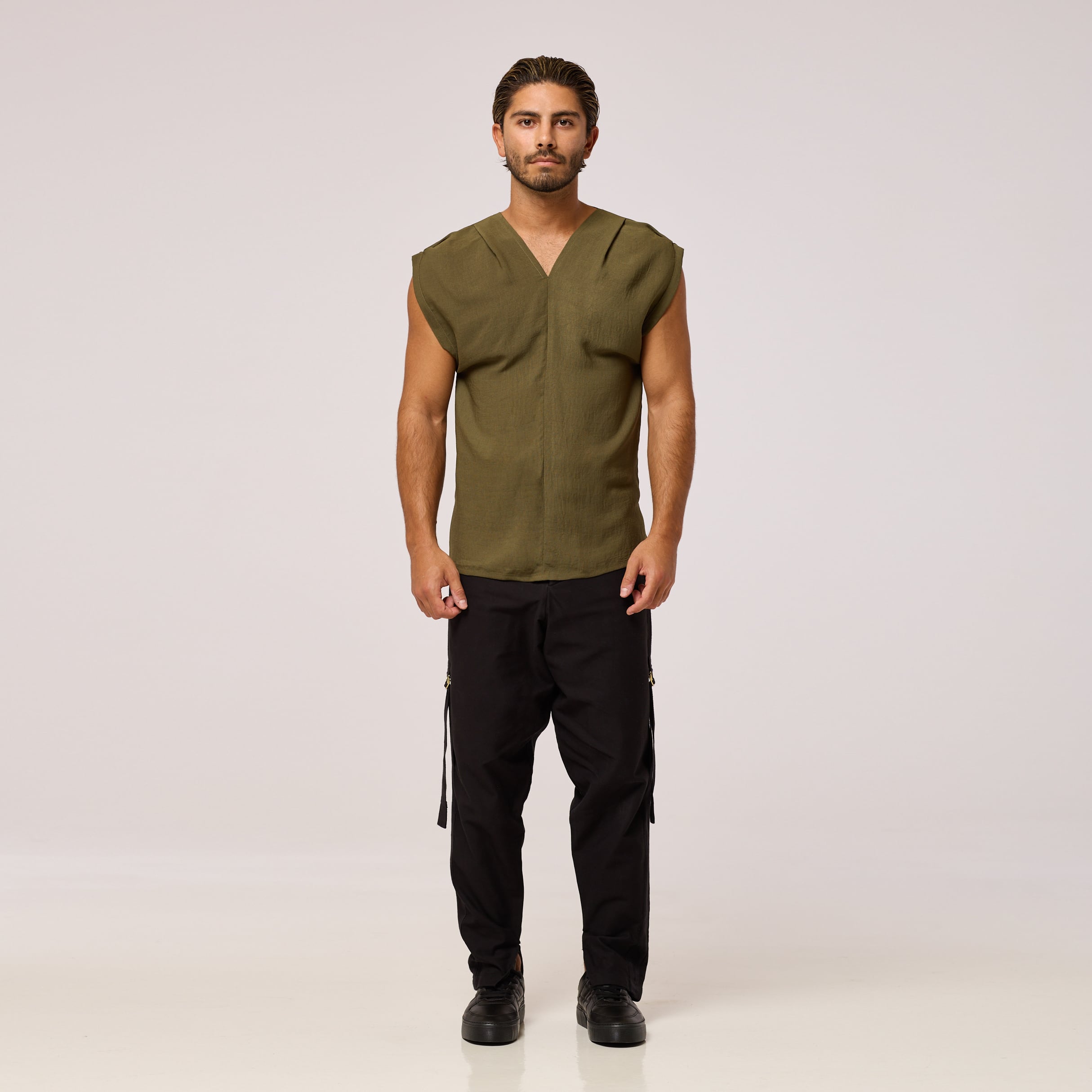   ZERØ London - Front Full View, olive green mens zero waste vest designed & made in London