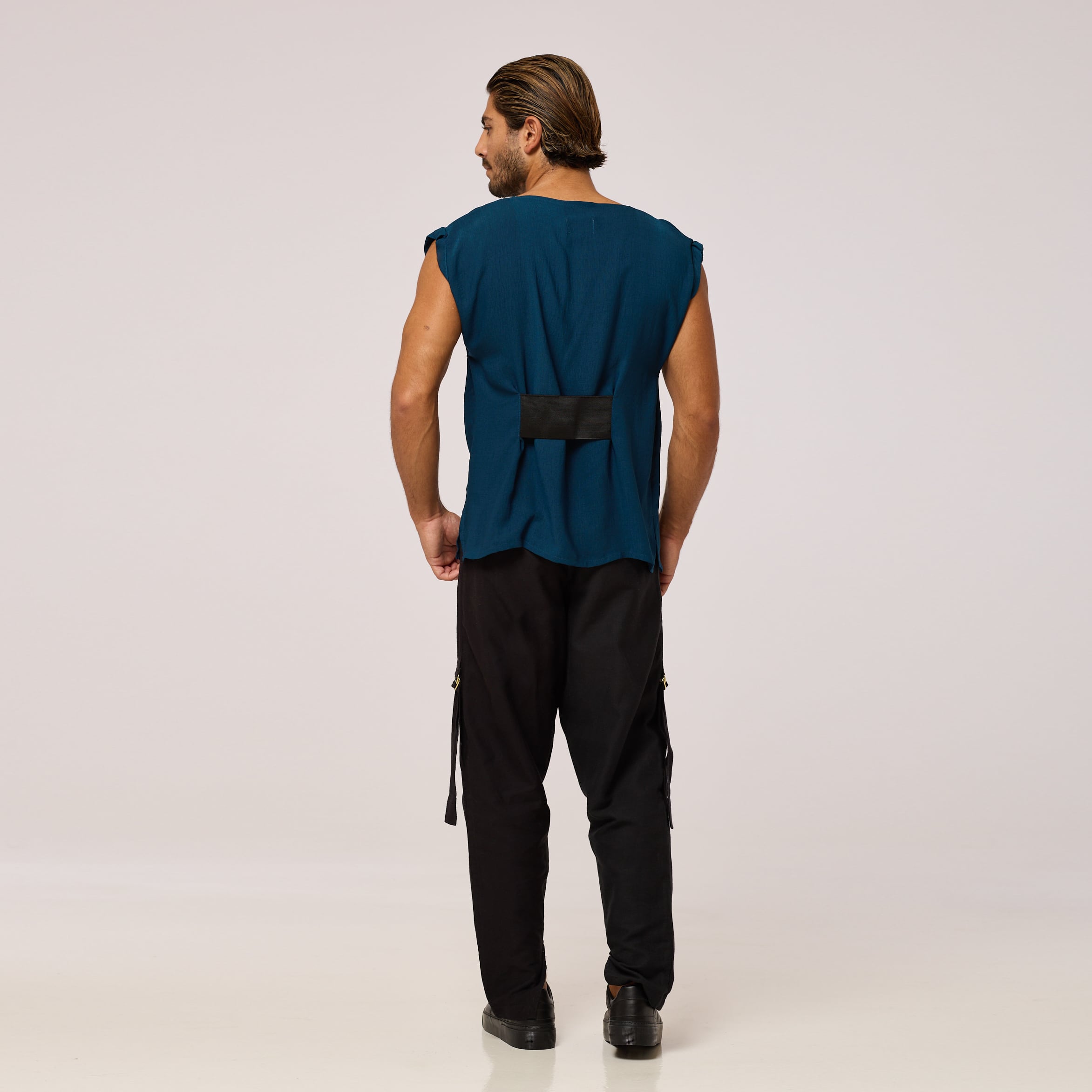   ZERØ London - Back alt. view, teal blue mens zero waste vest designed & made in London