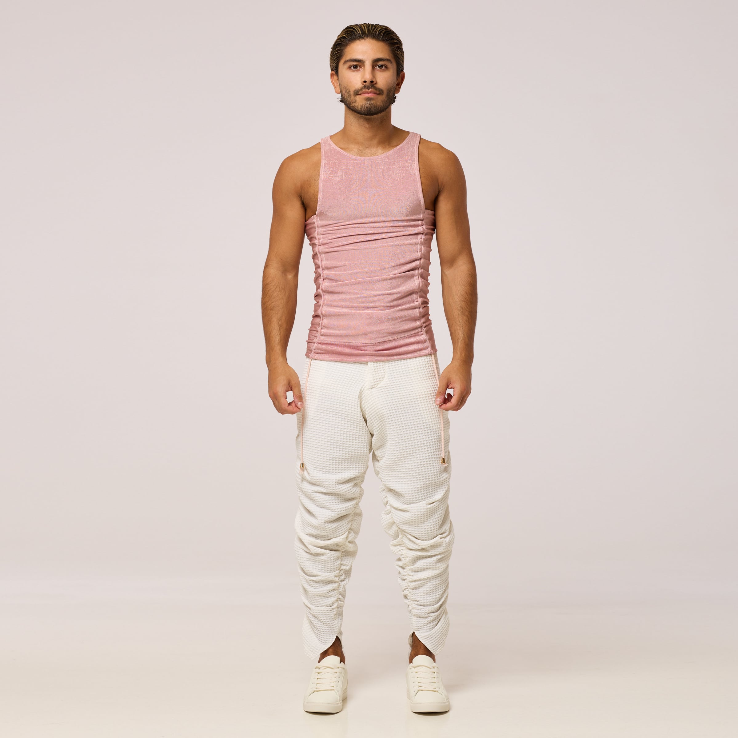ZERØ London - Front Full Length view, Pink zero waste mens vest, zero waste fashion, designed & made in London