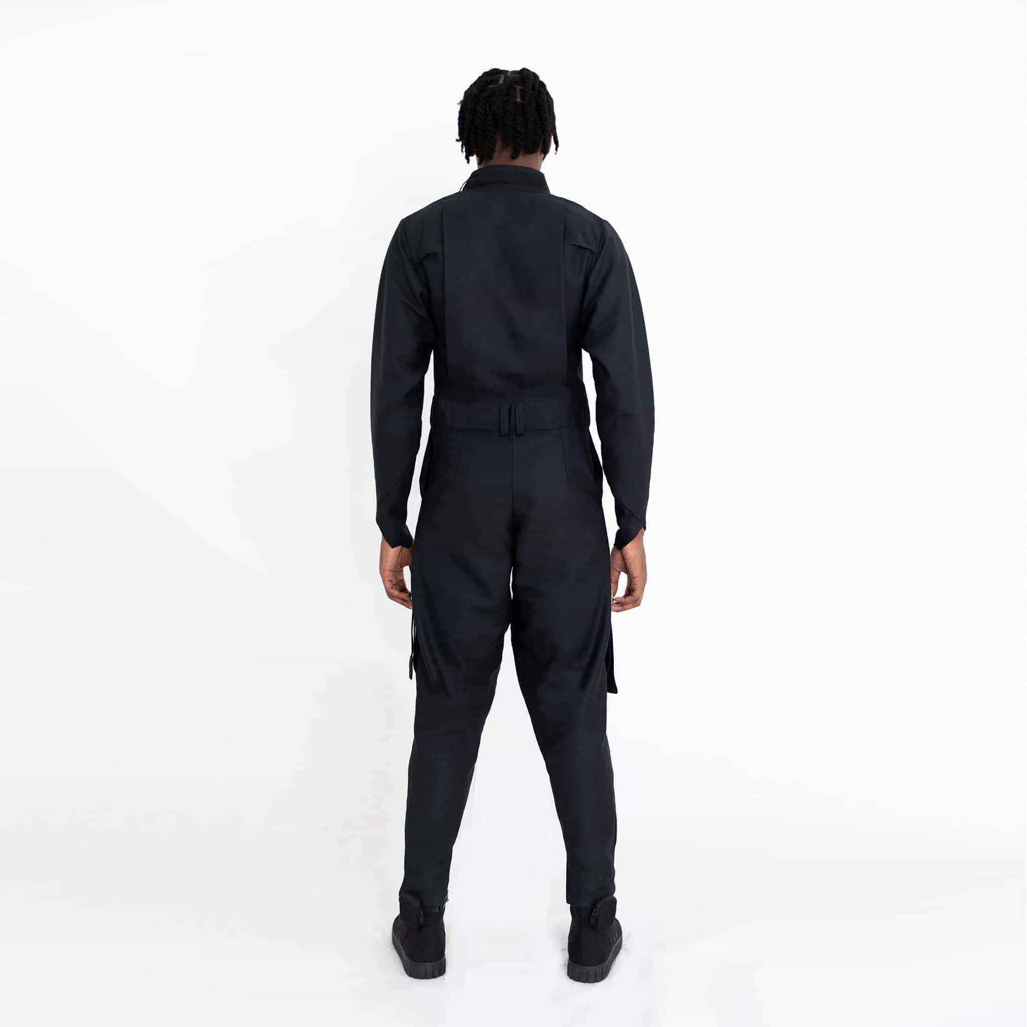 ZERØ London - Back full length view, mens zero waste jumpsuit in black with black contrast stripe and D-rings, designed & made in London