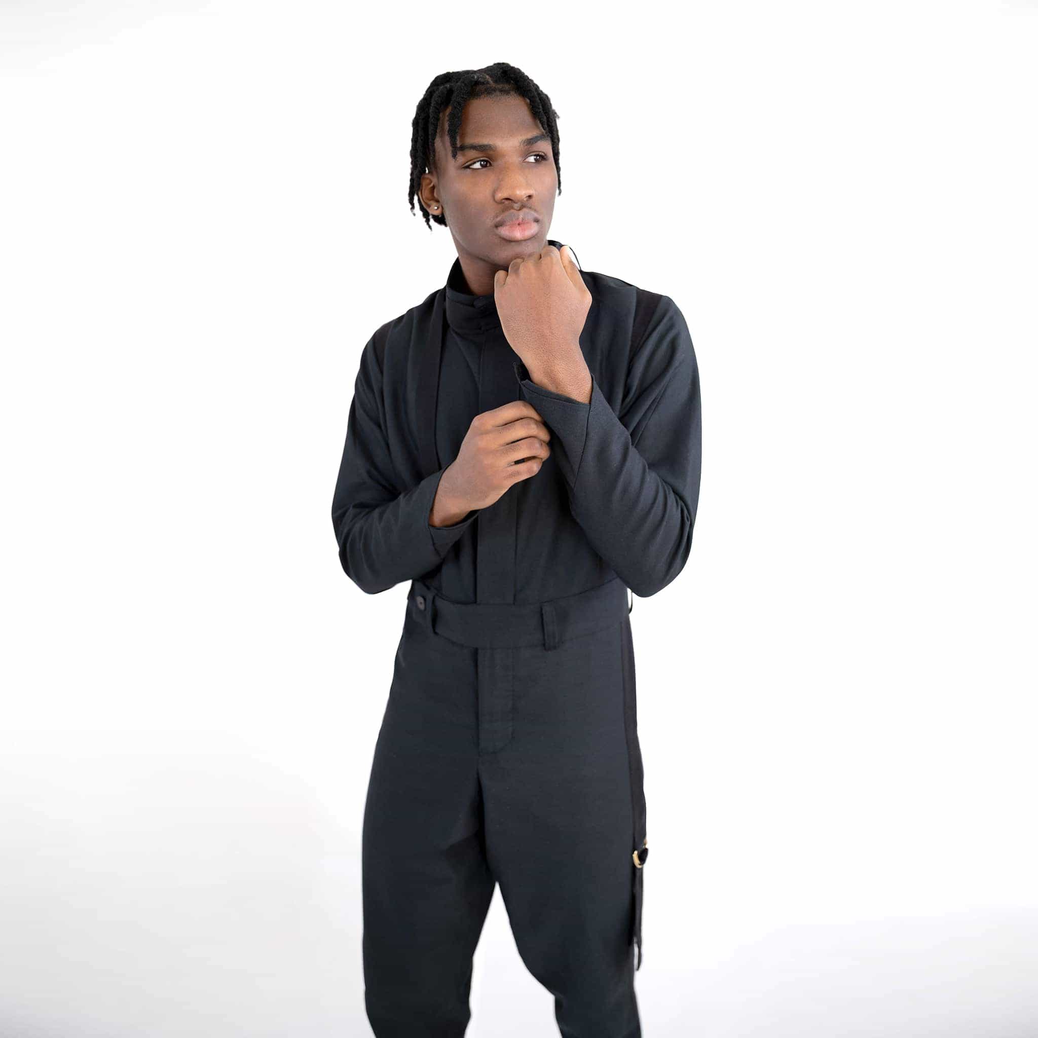 ZERØ London - Front view, mens zero waste jumpsuit in black with black contrast stripe and D-rings, designed & made in London