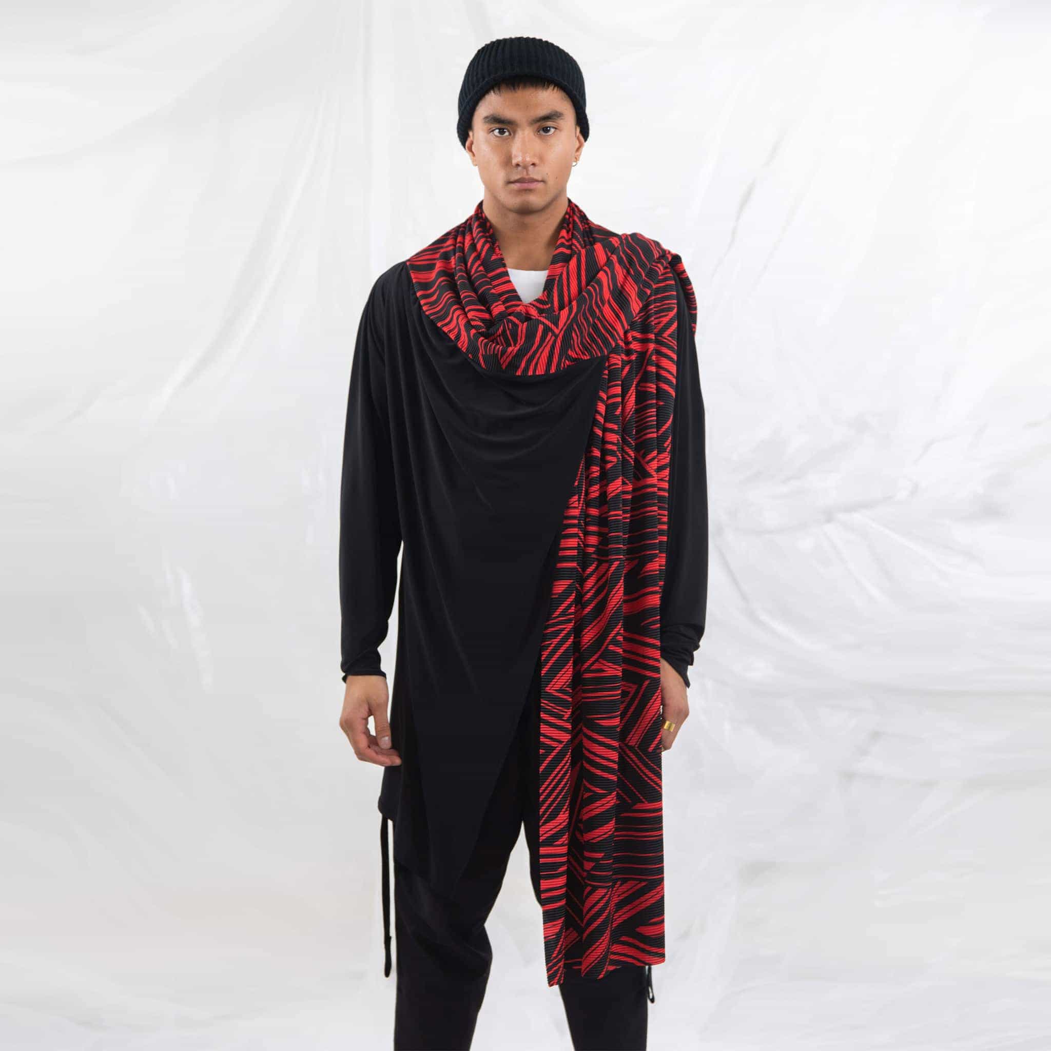 ZERØ London - Front alt. view, mens zero waste long sleeve jersey cardigan in black with red geometric print and mens black trousers designed & made in London