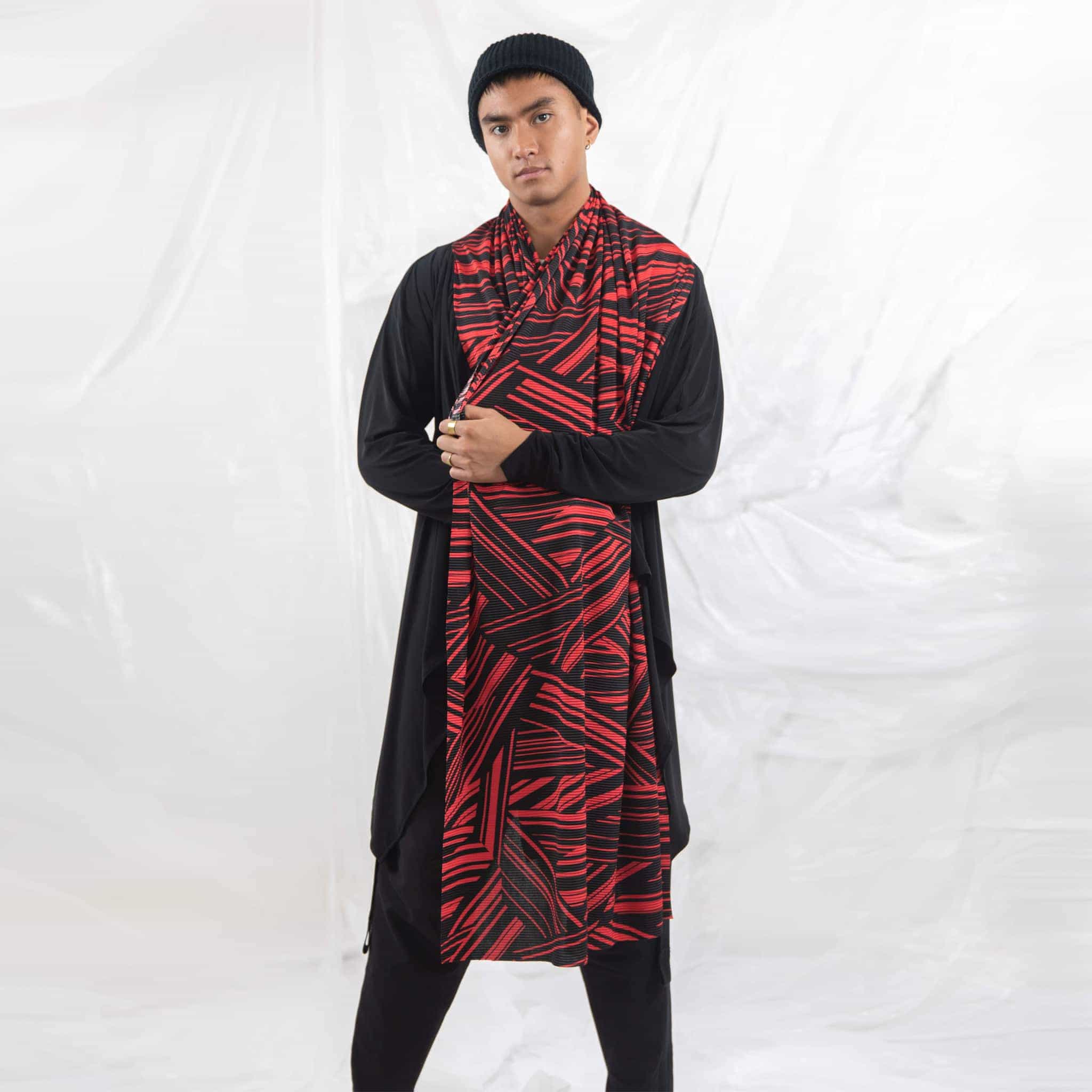 ZERØ London - Front view, mens zero waste long sleeve jersey cardigan in black with red geometric print and mens black trousers designed & made in London