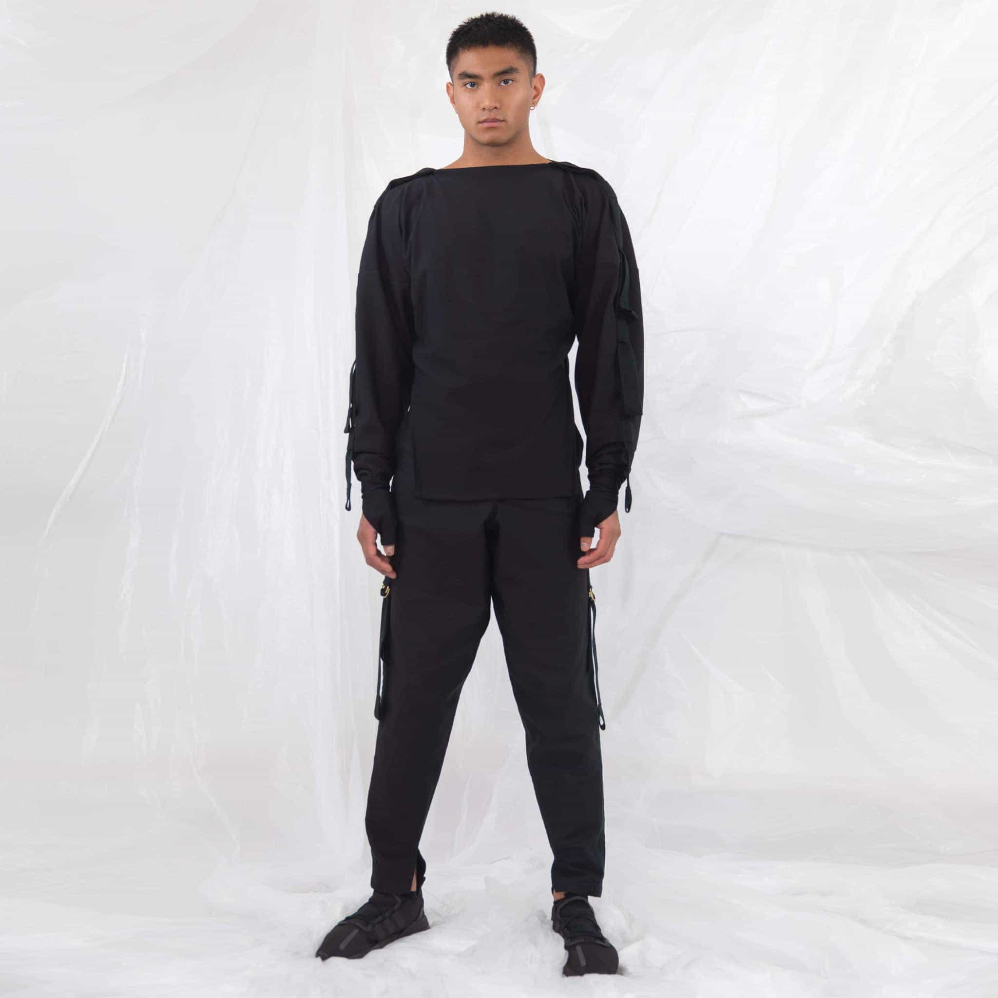 ZERØ London - Front full length view, mens zero waste long sleeve jersey jumper in black with contrast black straps designed & made in London