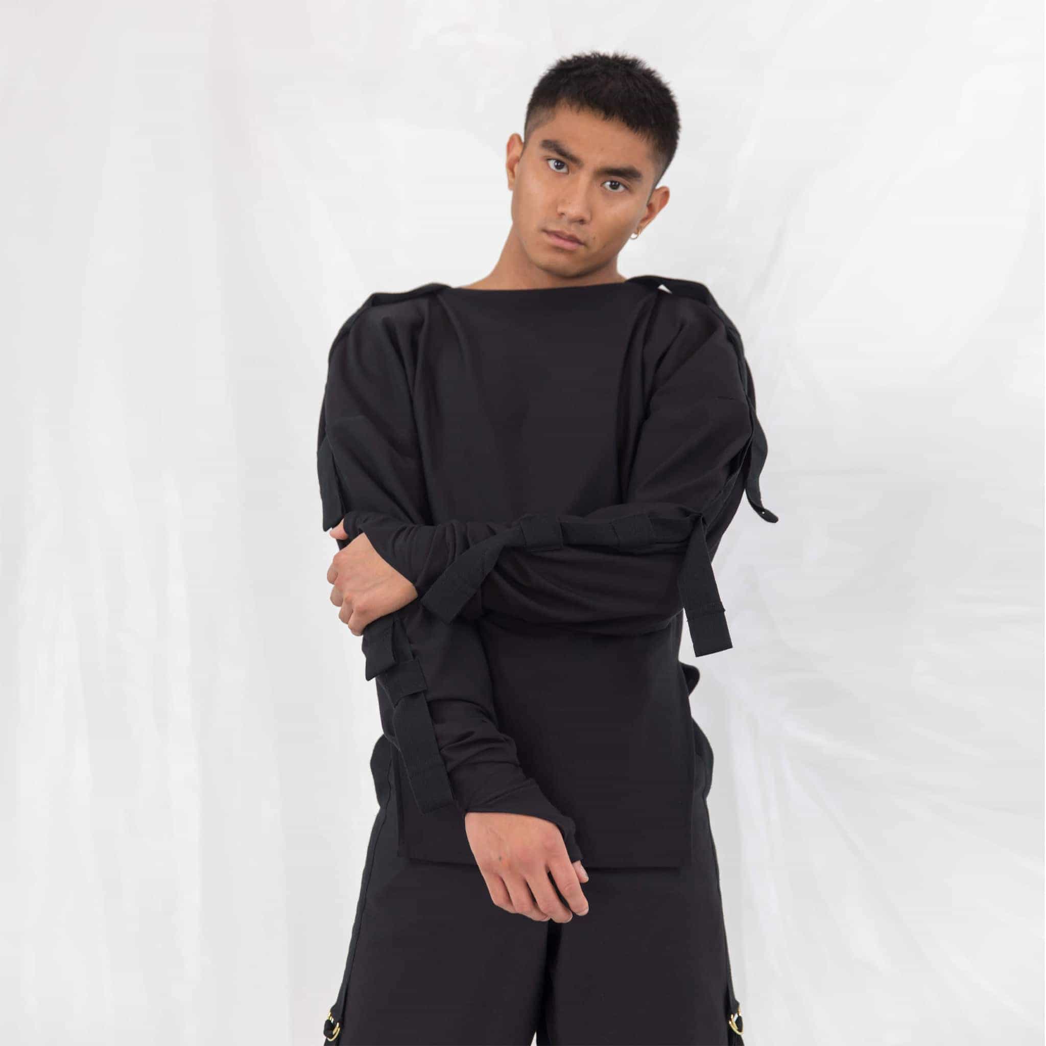 ZERØ London - Front view, mens zero waste long sleeve jersey jumper in black with contrast black straps designed & made in London