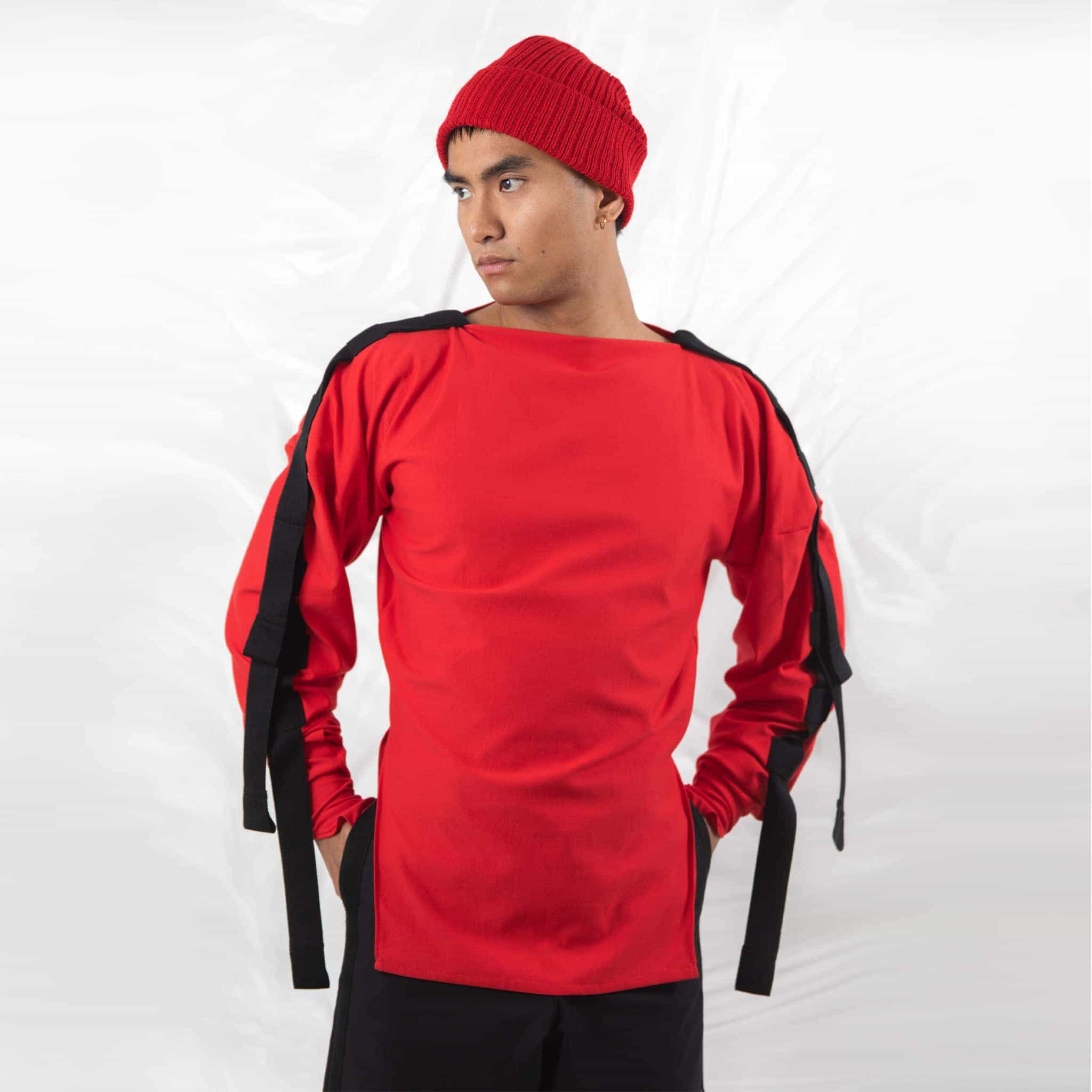 ZERØ London - Front view, mens zero waste long sleeve jersey jumper in red with contrast black straps designed & made in London