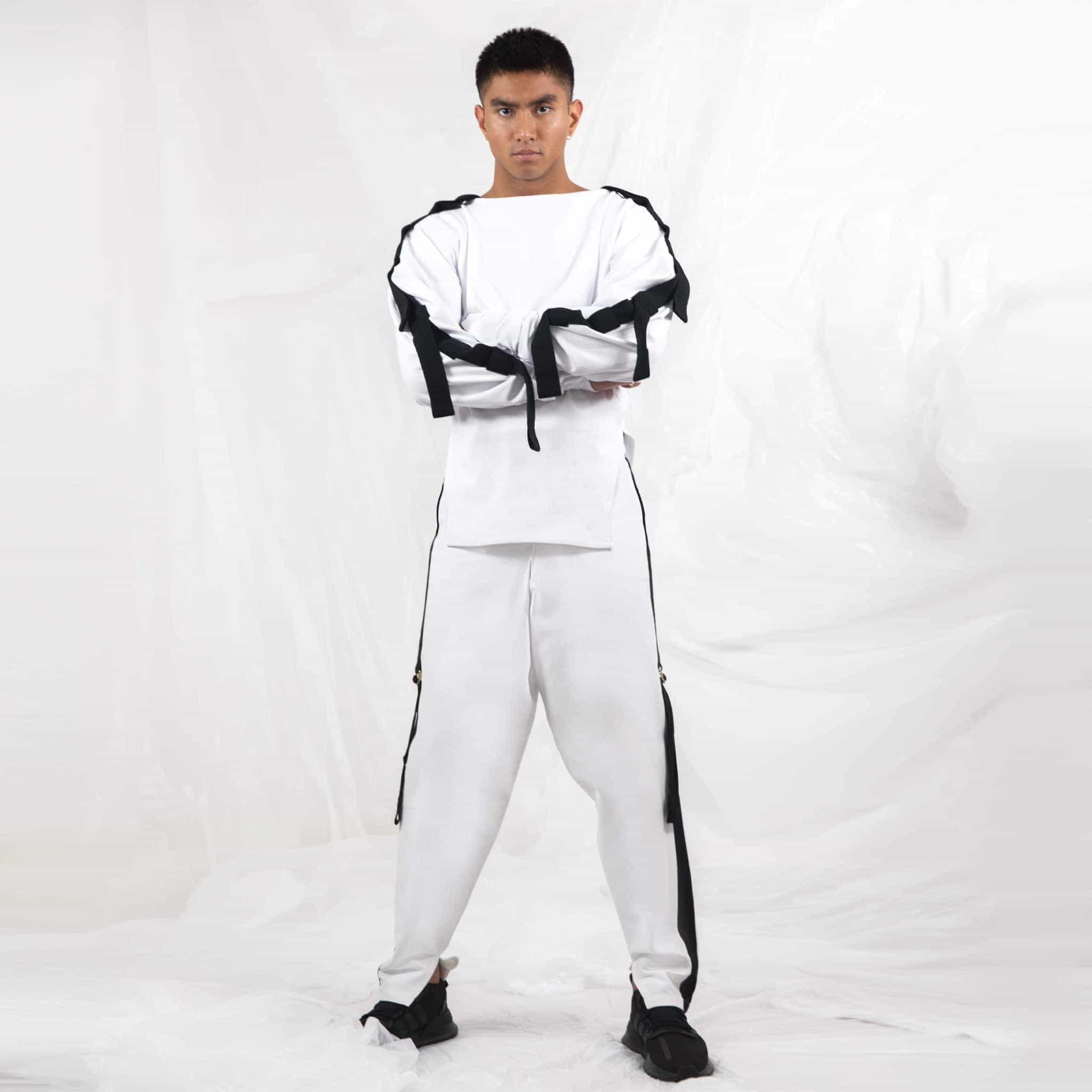 ZERØ London - Front full length view, mens zero waste long sleeve jersey jumper in white with contrast black straps designed & made in London