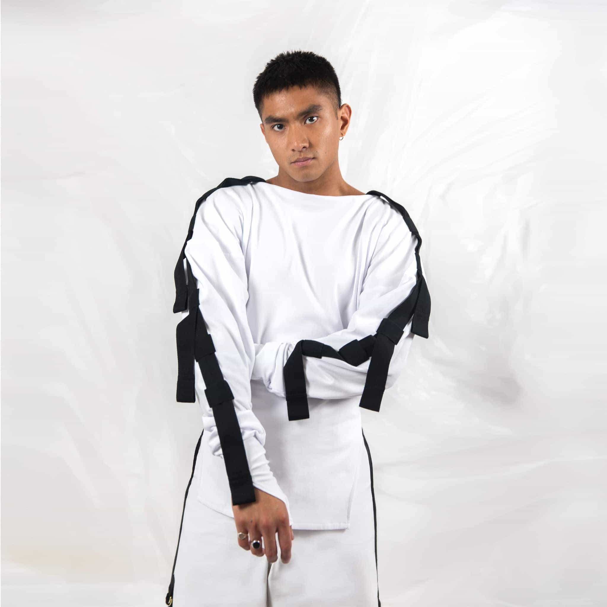 ZERØ London - Front alt. view, mens zero waste long sleeve jersey jumper in white with contrast black straps designed & made in London