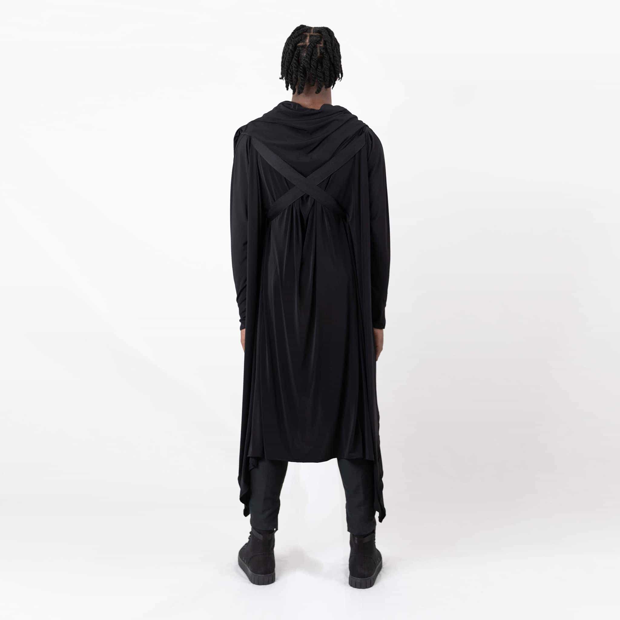   ZERØ London - Back full length view, black long sleeved zero waste cardigan robe with harness and black trousers designed & made in London