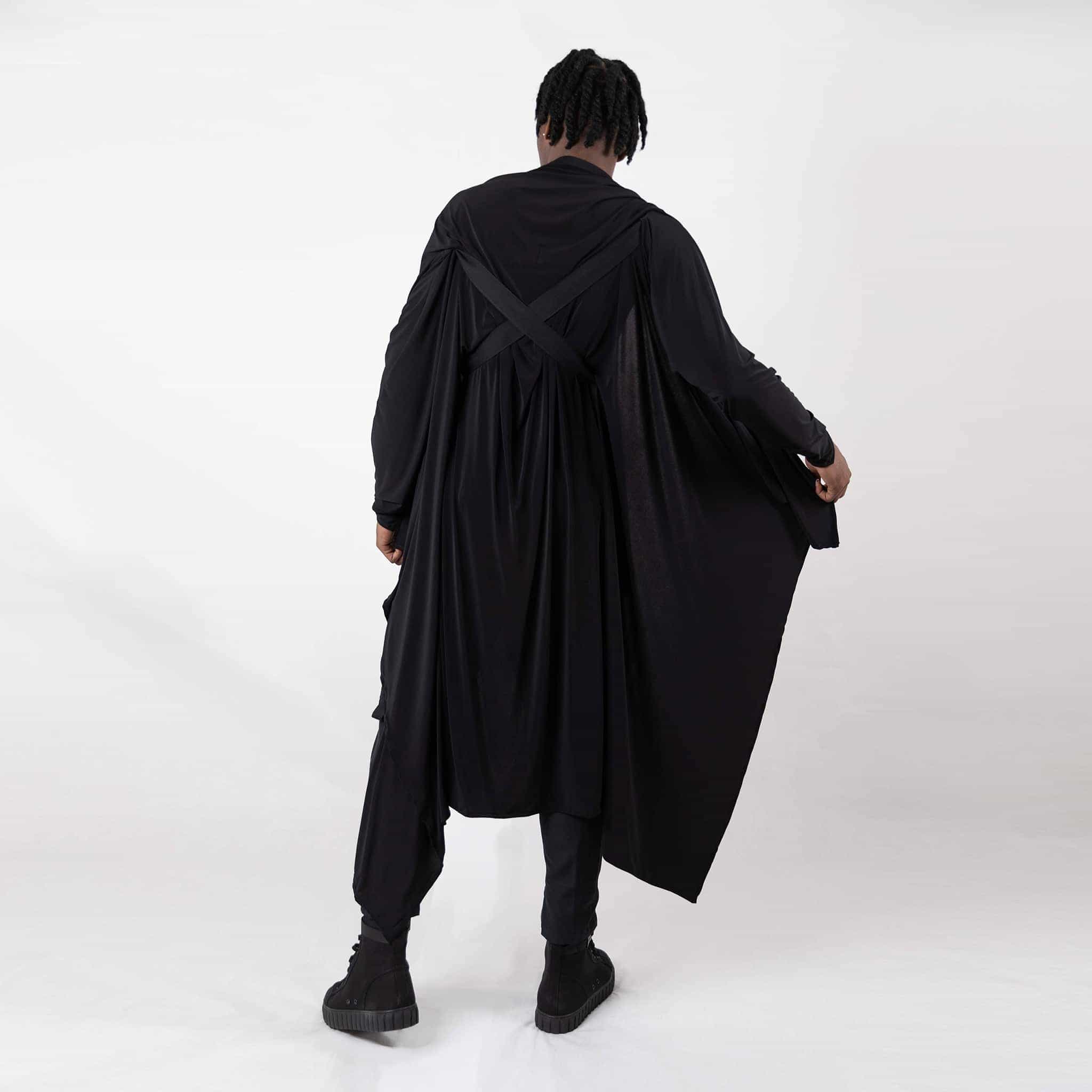   ZERØ London - Back alt. full length view, black long sleeved zero waste cardigan robe with harness and black trousers designed & made in London