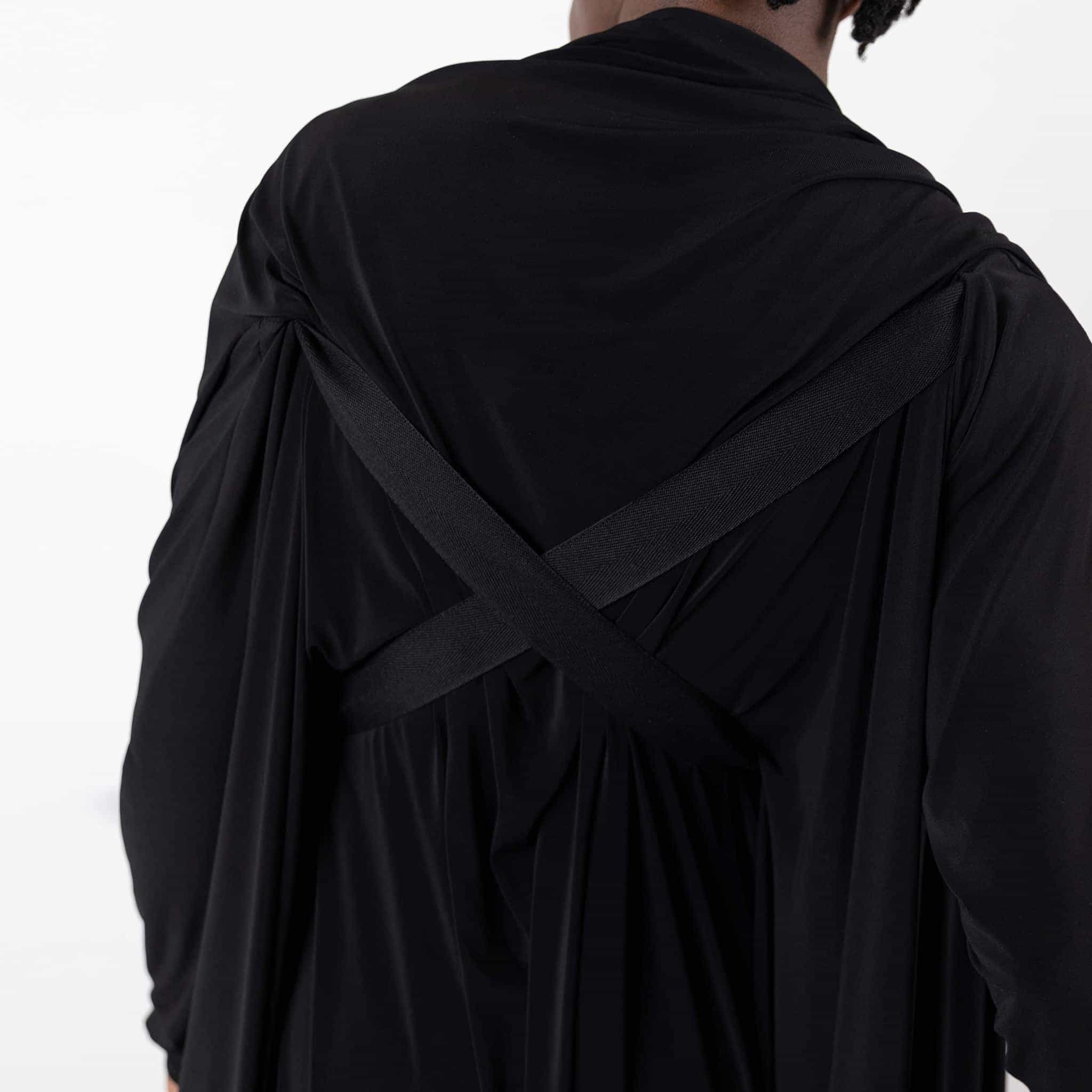   ZERØ London - Back view, black long sleeved zero waste cardigan robe with harness and black trousers designed & made in London