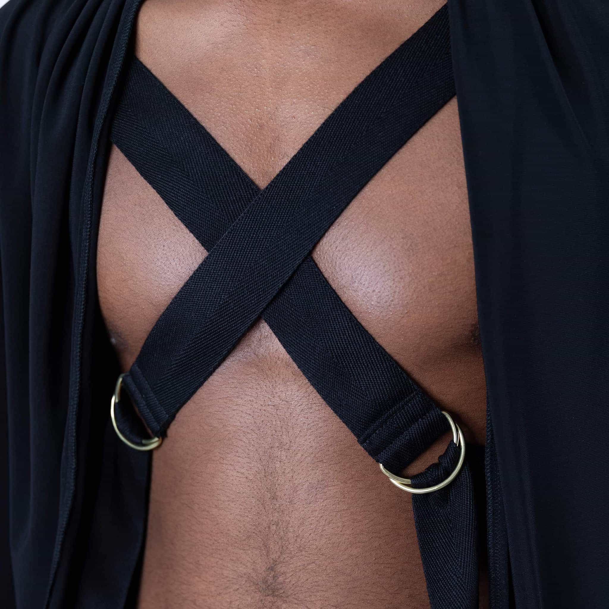   ZERØ London - Close up, black long sleeved zero waste cardigan robe with harness and black trousers designed & made in London