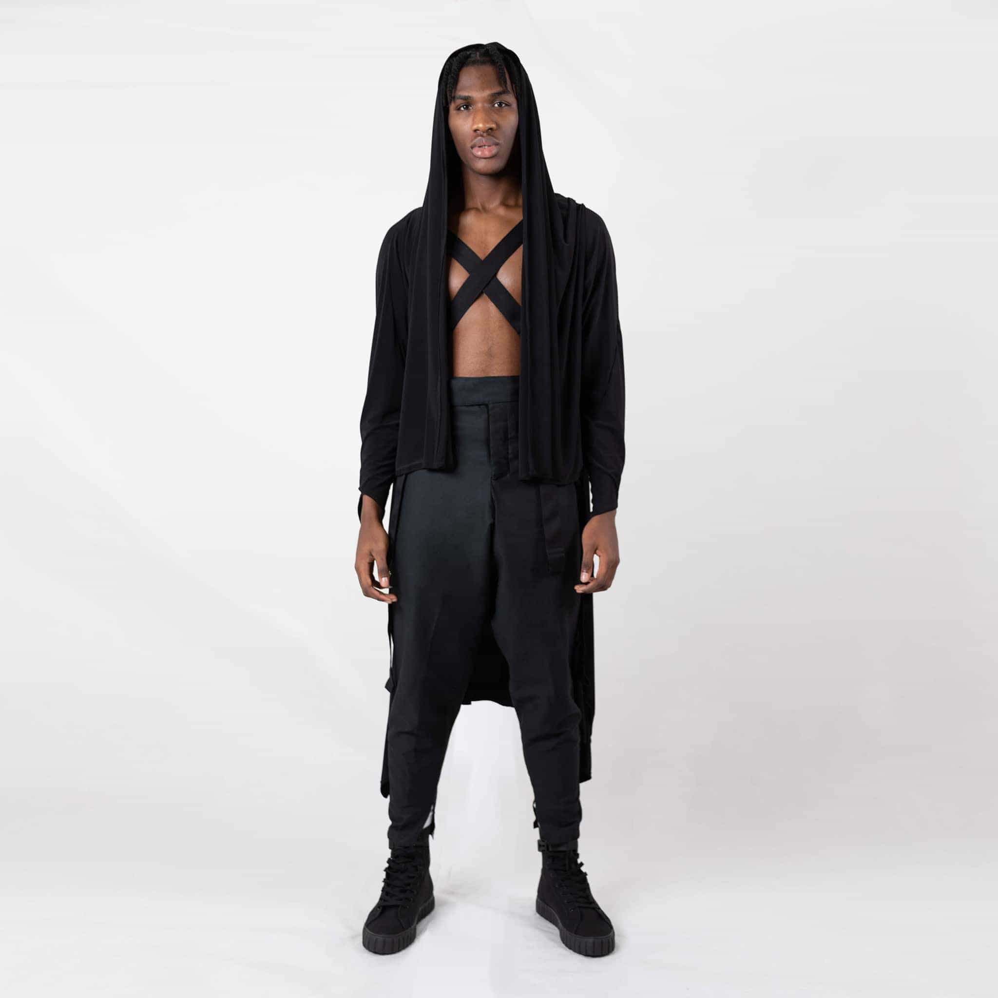   ZERØ London - Front alt. full length view, black long sleeved zero waste cardigan robe with harness and black trousers designed & made in London