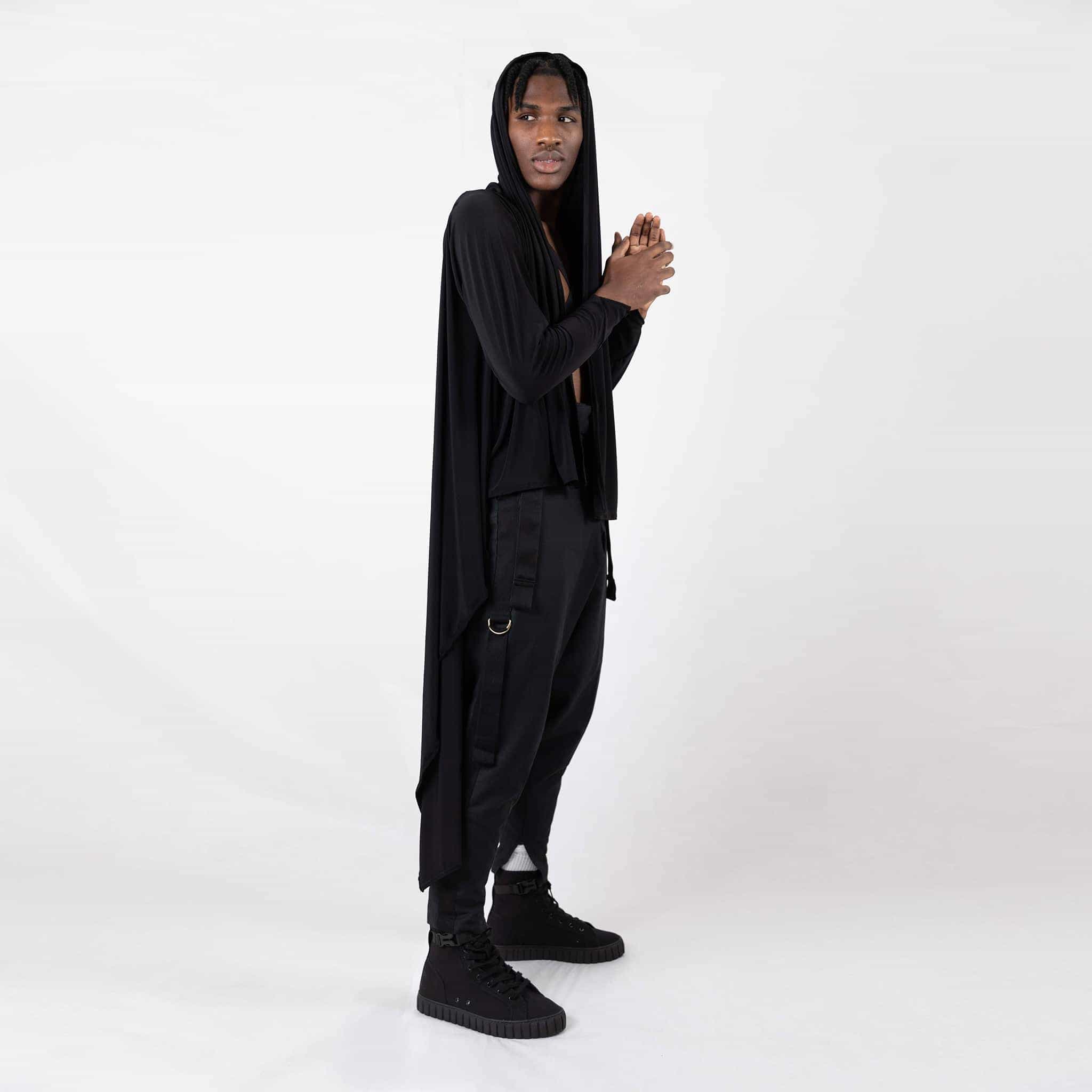   ZERØ London - Side view, black long sleeved zero waste cardigan robe with harness and black trousers designed & made in London