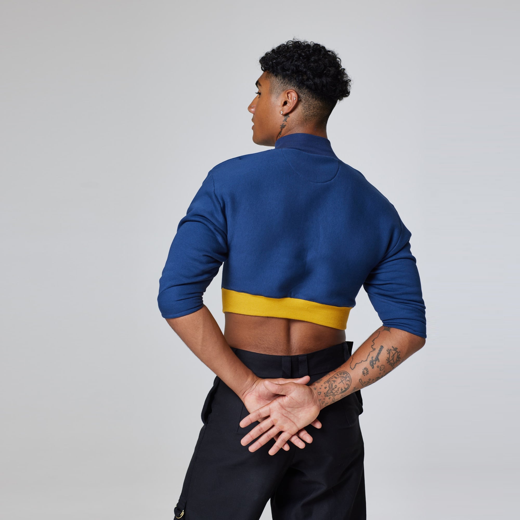 ZERØ London - Back mid length view, mens luxury cropped jersey jumper in navy, zero waste fashion, designed & made in London