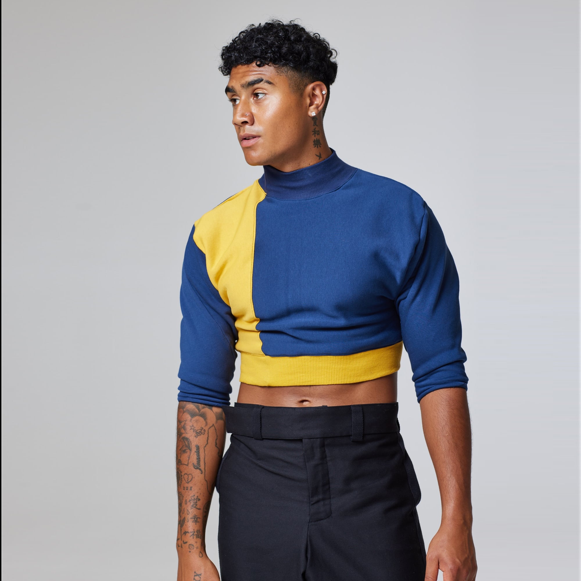 ZERØ London - Mid length view, mens luxury cropped jersey jumper in navy, zero waste fashion, designed & made in London