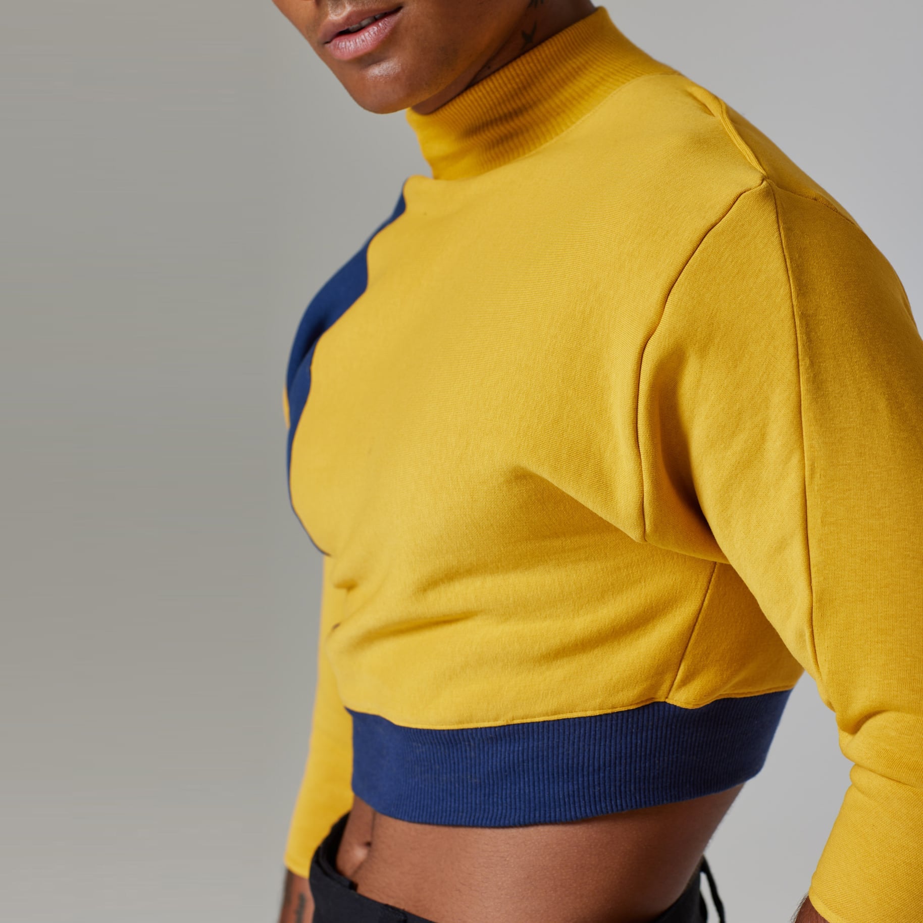 ZERØ London - Side view, mens luxury cropped jersey jumper in mustard, zero waste fashion, designed & made in London