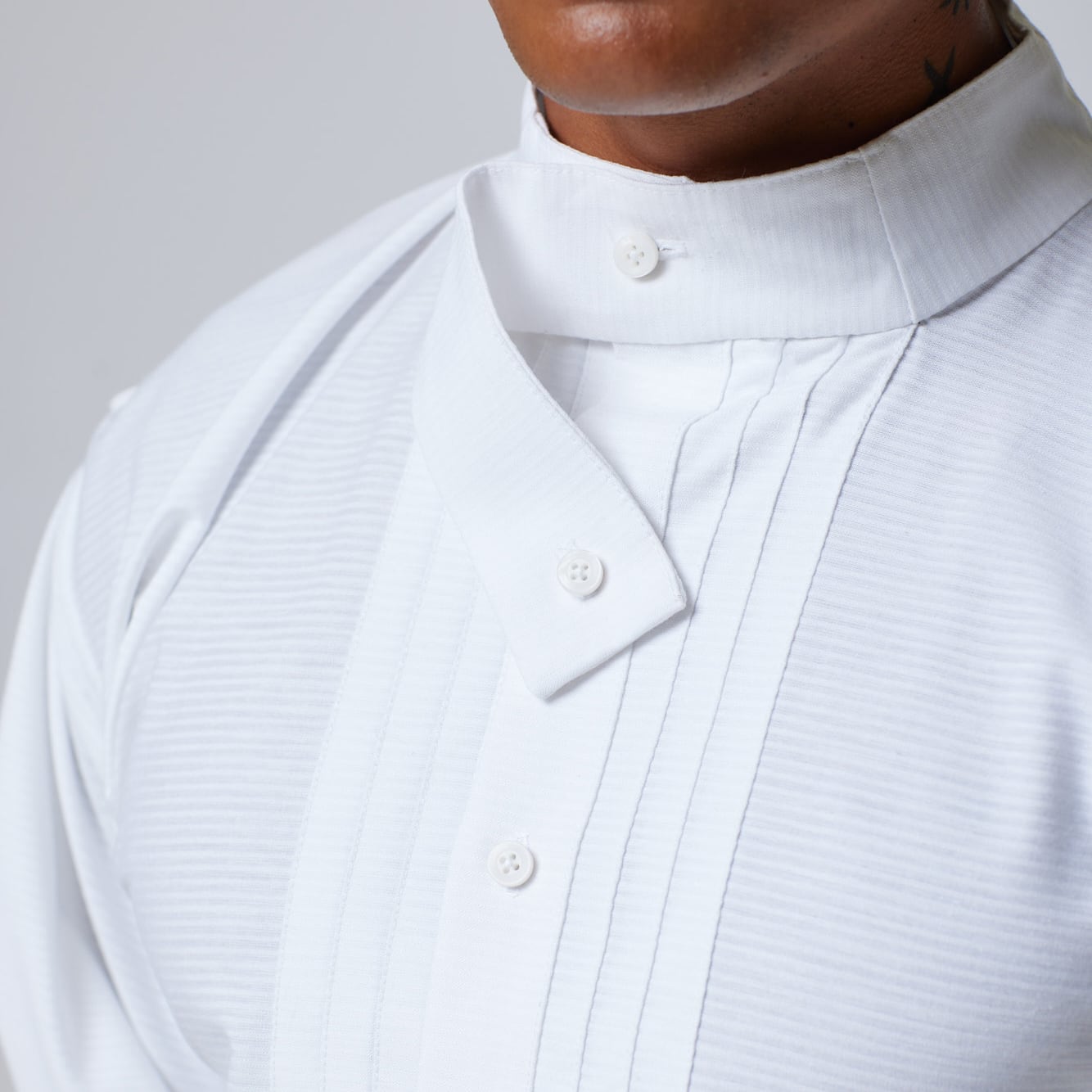 ZERØ London - Close up, White mens dress shirt, zero waste fashion, designed & made in London